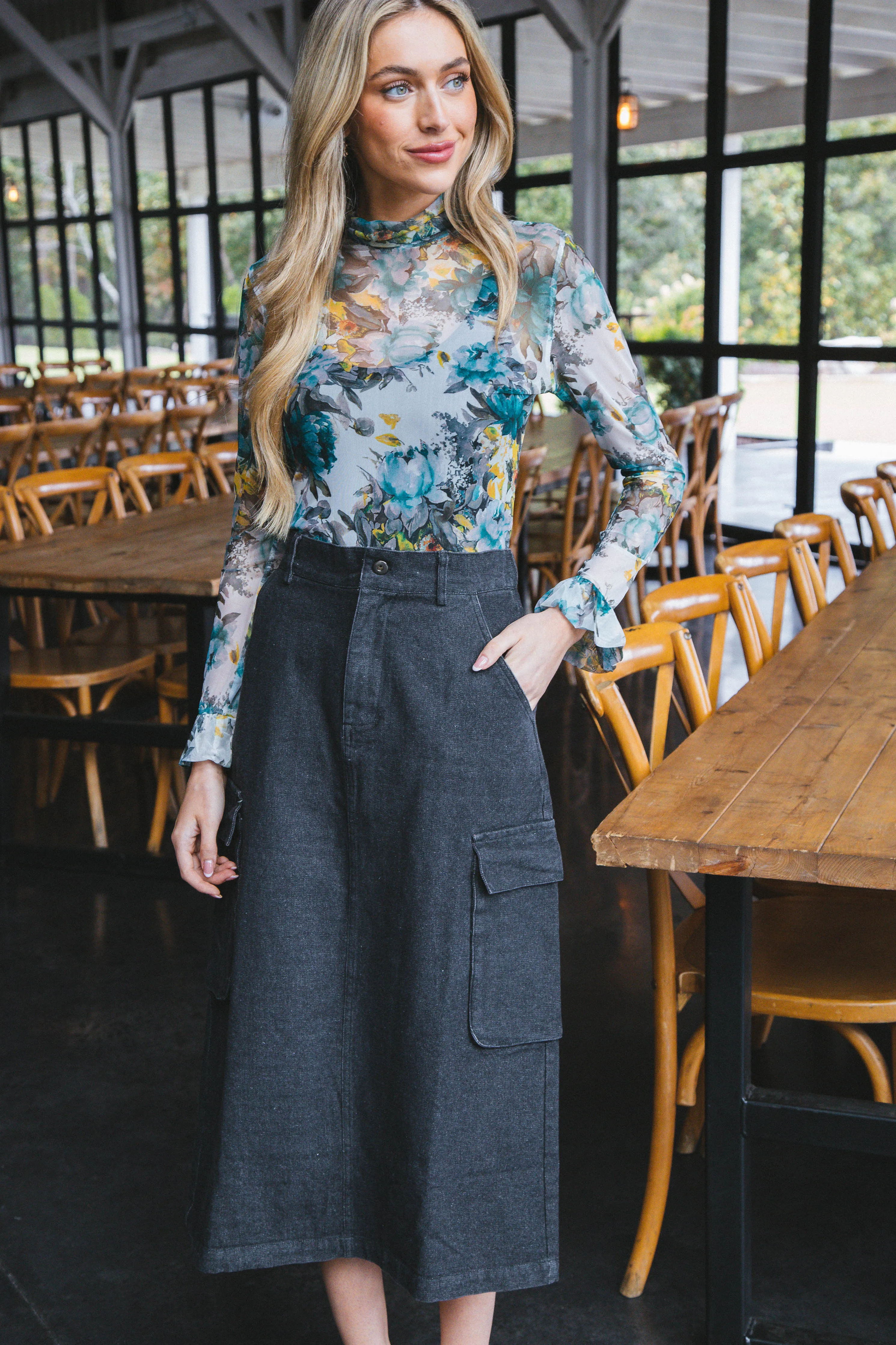 Chloe Denim Cargo Maxi Skirt, Black sold by North & Main Clothing Company product image thumbnail 2