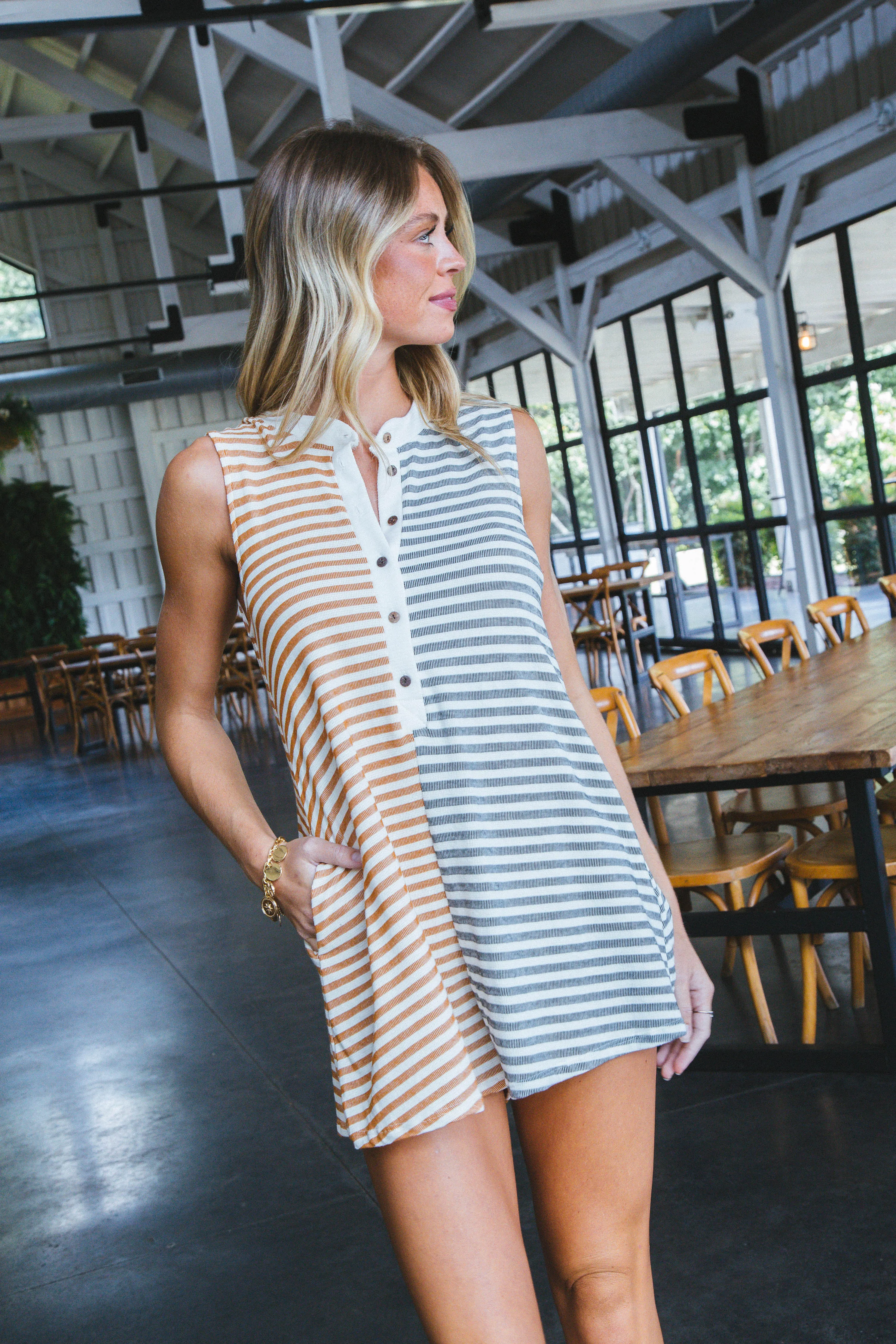 Zariah Sleeveless Striped Romper, Camel/Black sold by North & Main Clothing Company product image thumbnail 5