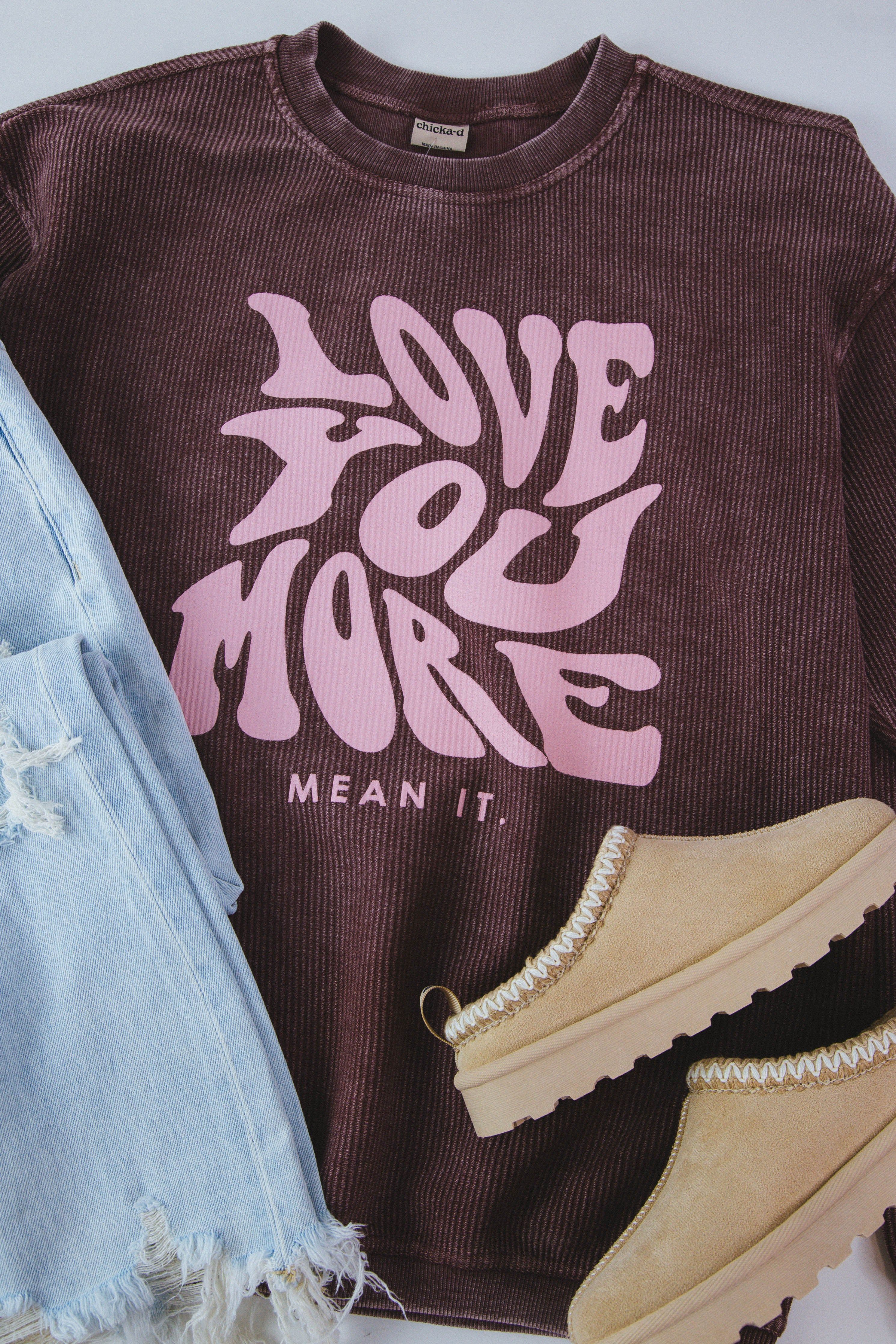 Love You More Corded Sweatshirt, Maroon | Friday+Saturday sold by North & Main Clothing Company