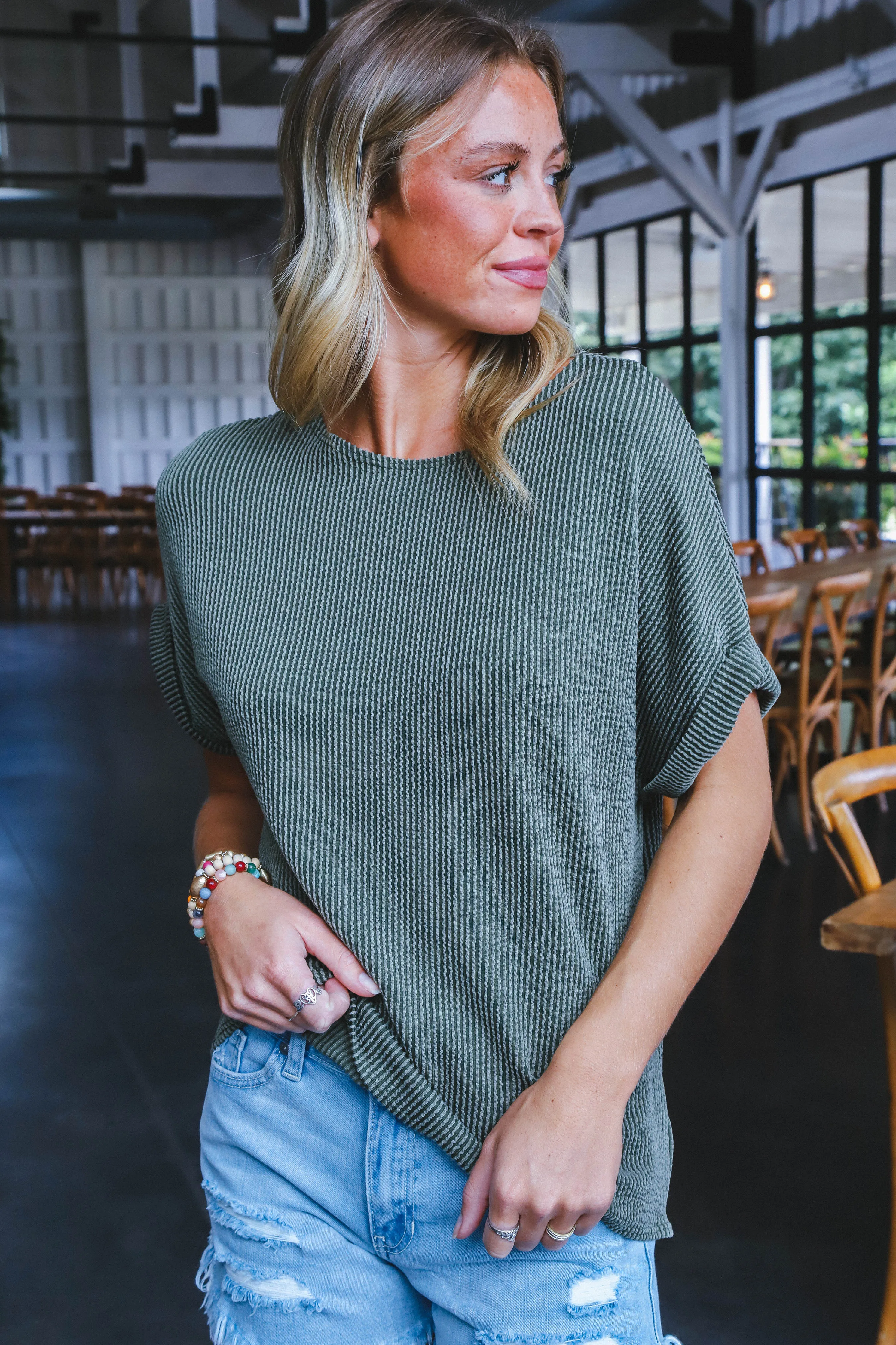 Jana Ribbed Short Sleeve Top, Olive sold by North & Main Clothing Company product image thumbnail 2