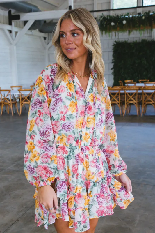 Lovely Long Sleeve Floral Rose Print Mini Dress, Multi Floral sold by North & Main Clothing Company
