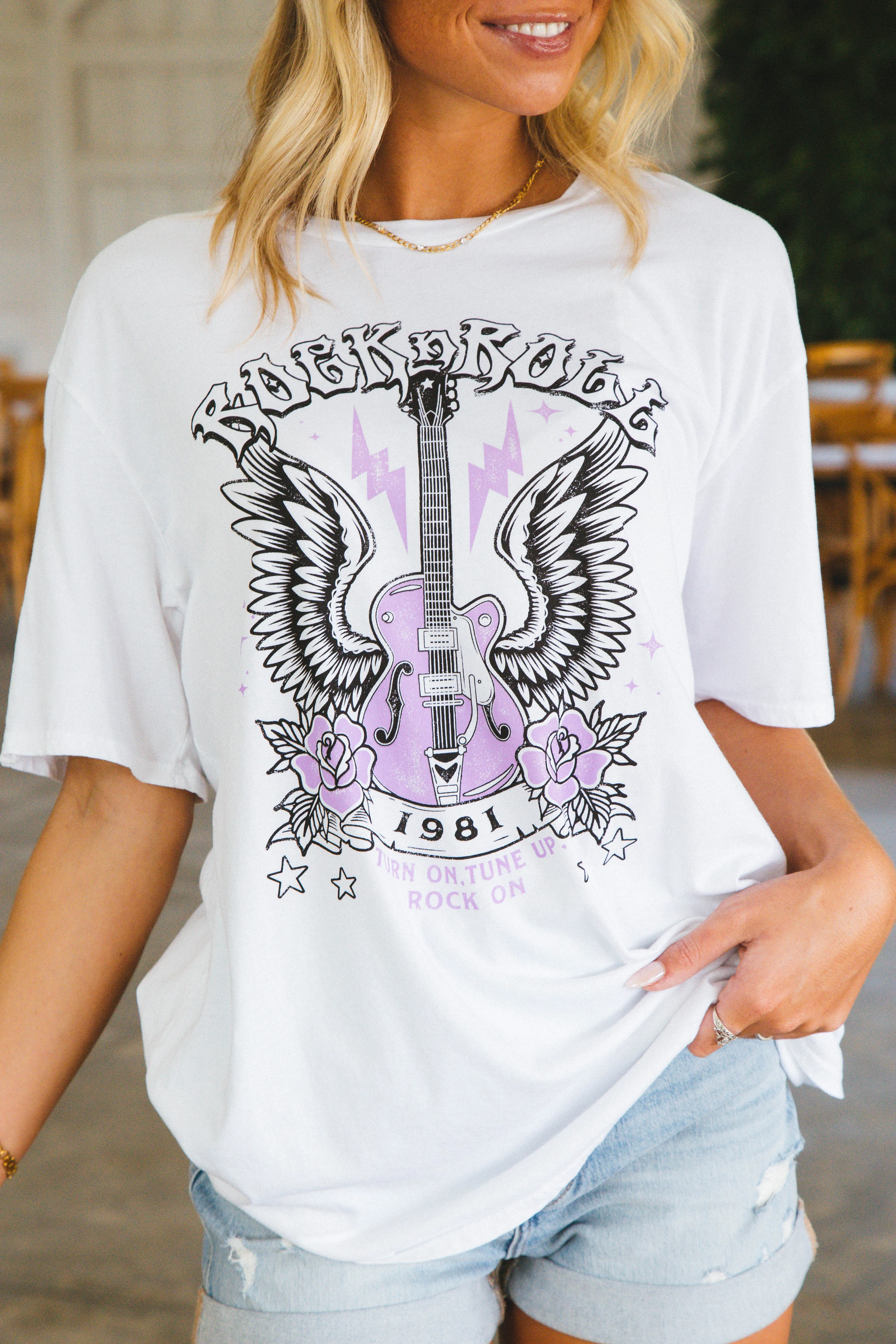 Rock N Roll Oversized Graphic Tee, White sold by North & Main Clothing Company product image thumbnail 2