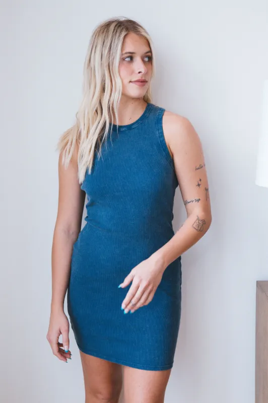 Ashley Acid Washed Mini Dress, Dark Teal sold by North & Main Clothing Company
