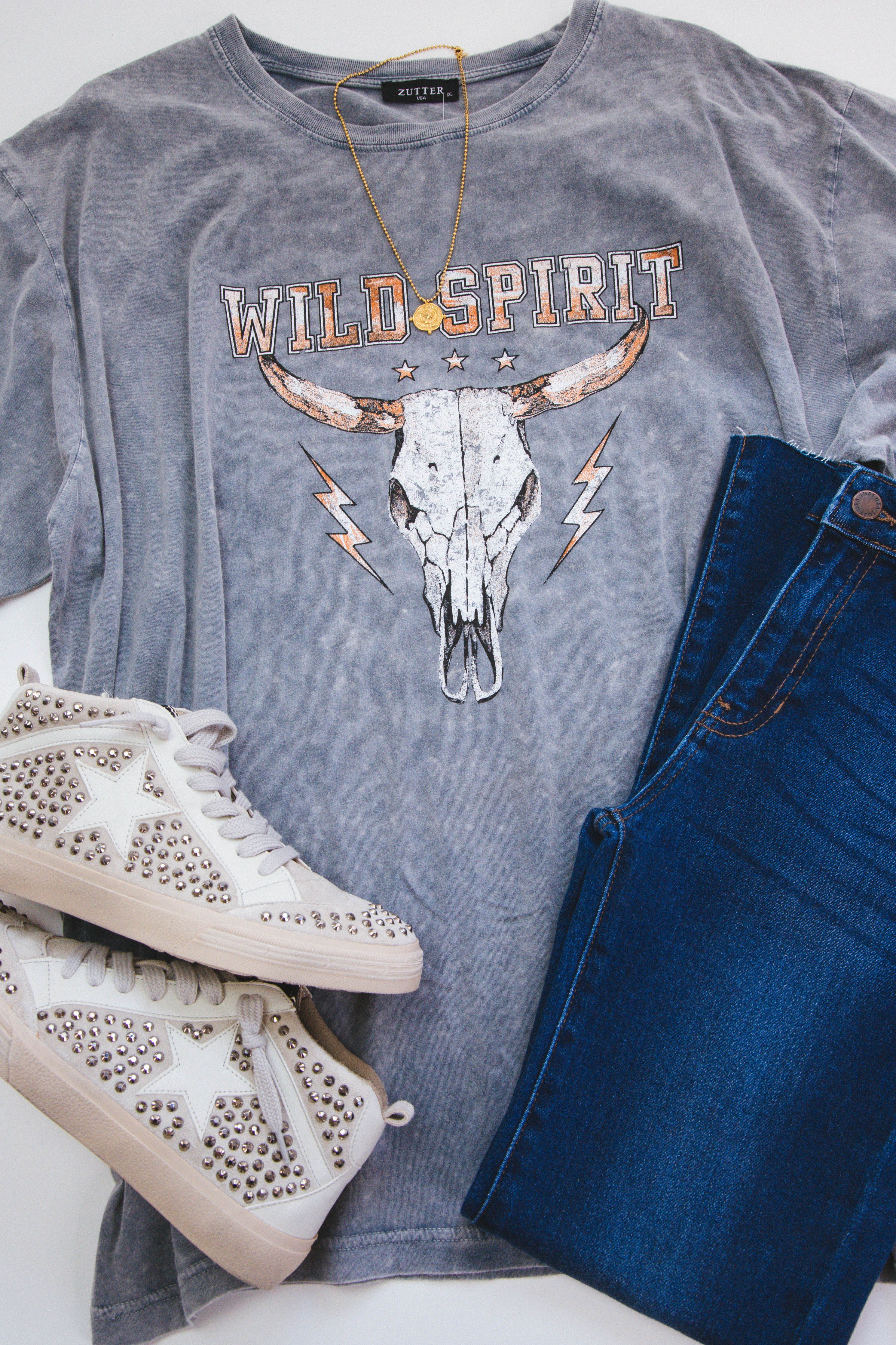 Wild Spirit Longhorn Graphic Tee, Denim | Extended Sizes sold by North & Main Clothing Company