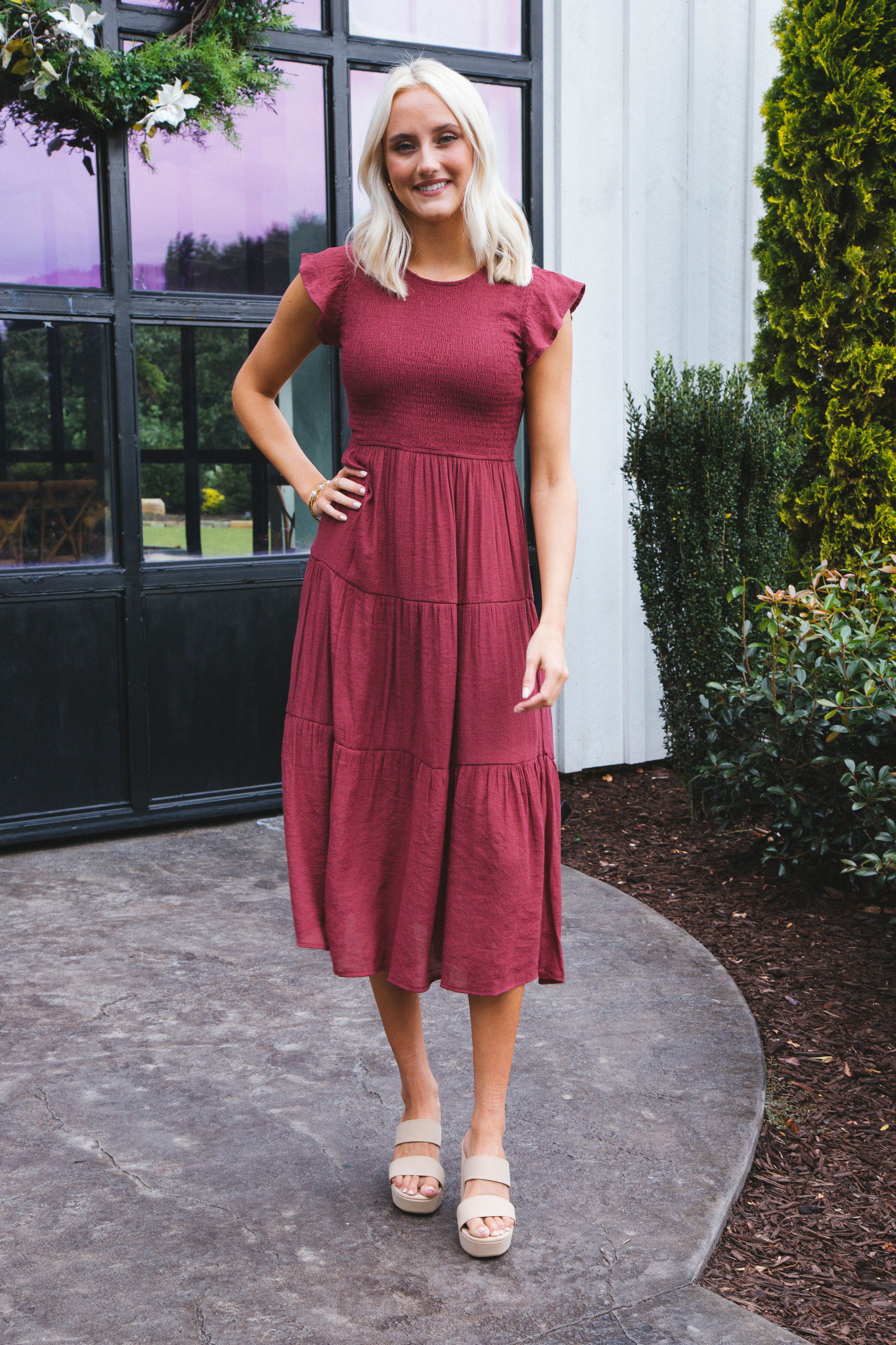 Celene Smocked Midi Dress, Raspberry sold by North & Main Clothing Company product image thumbnail 3
