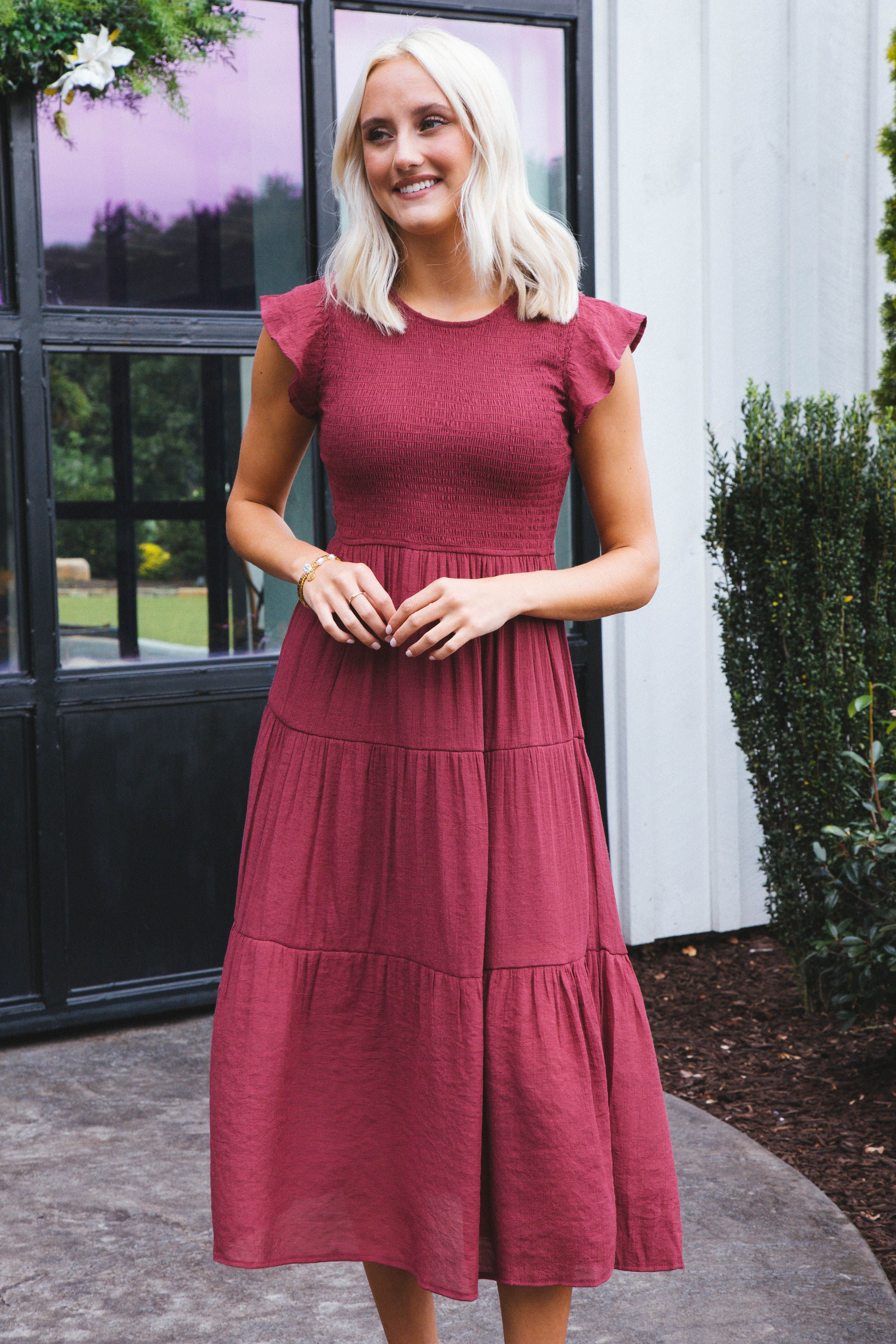 Celene Smocked Midi Dress, Raspberry sold by North & Main Clothing Company product image thumbnail 5