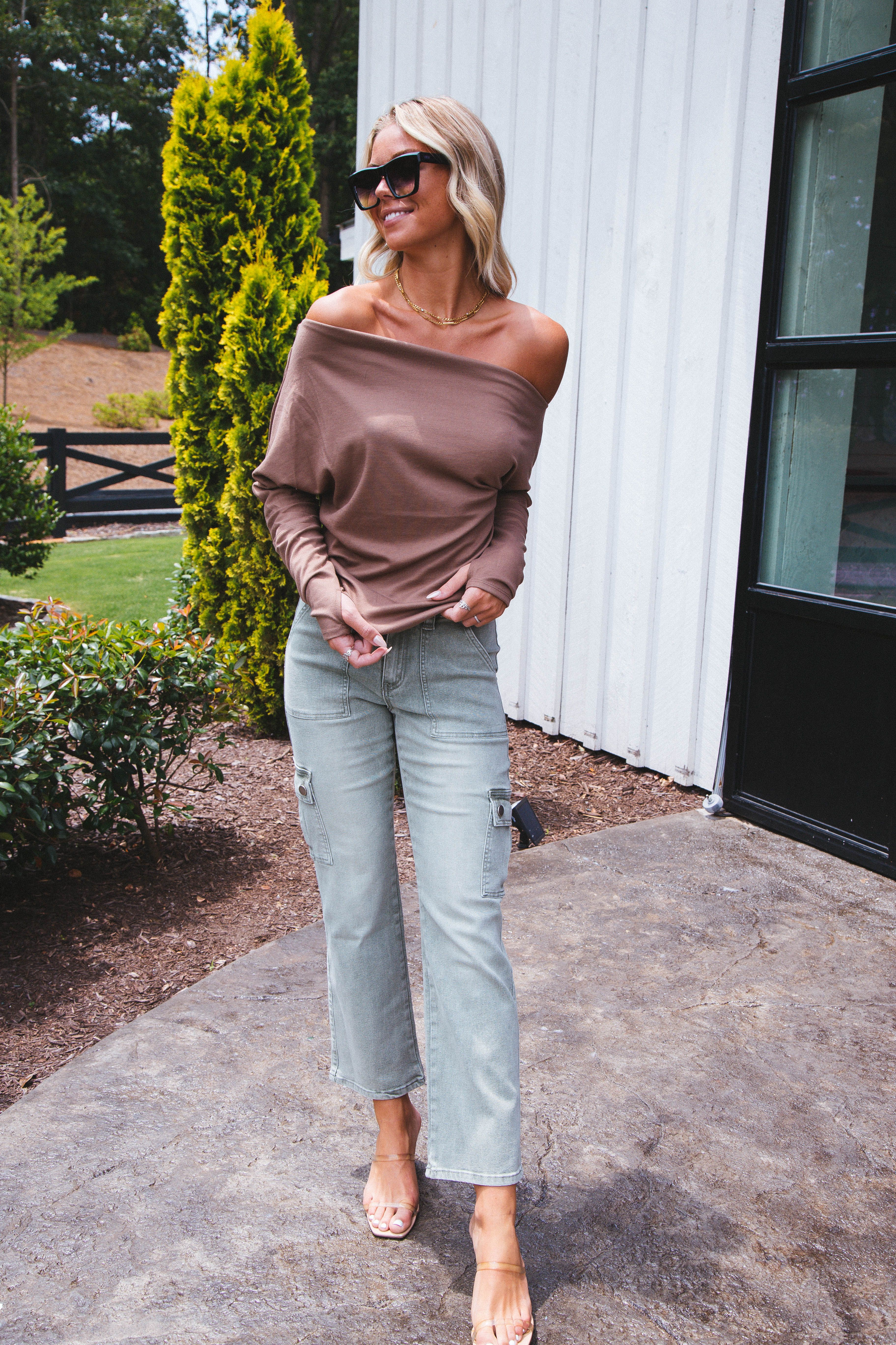 Off the Shoulder Asymmetrical Knit Top, Mocha sold by North & Main Clothing Company product image thumbnail 3