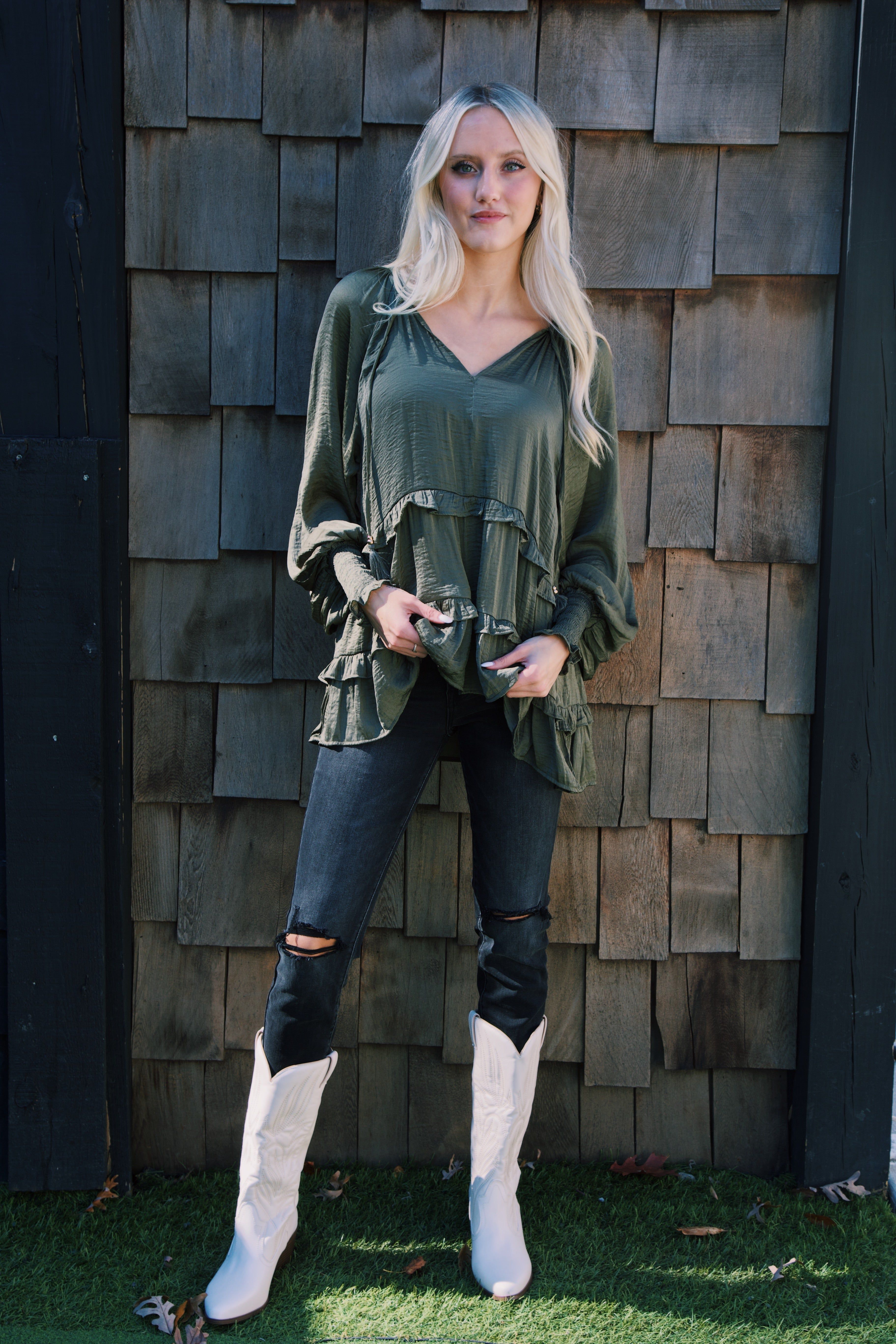 River Ruffled Peasant Blouse, Olive sold by North & Main Clothing Company product image thumbnail 4