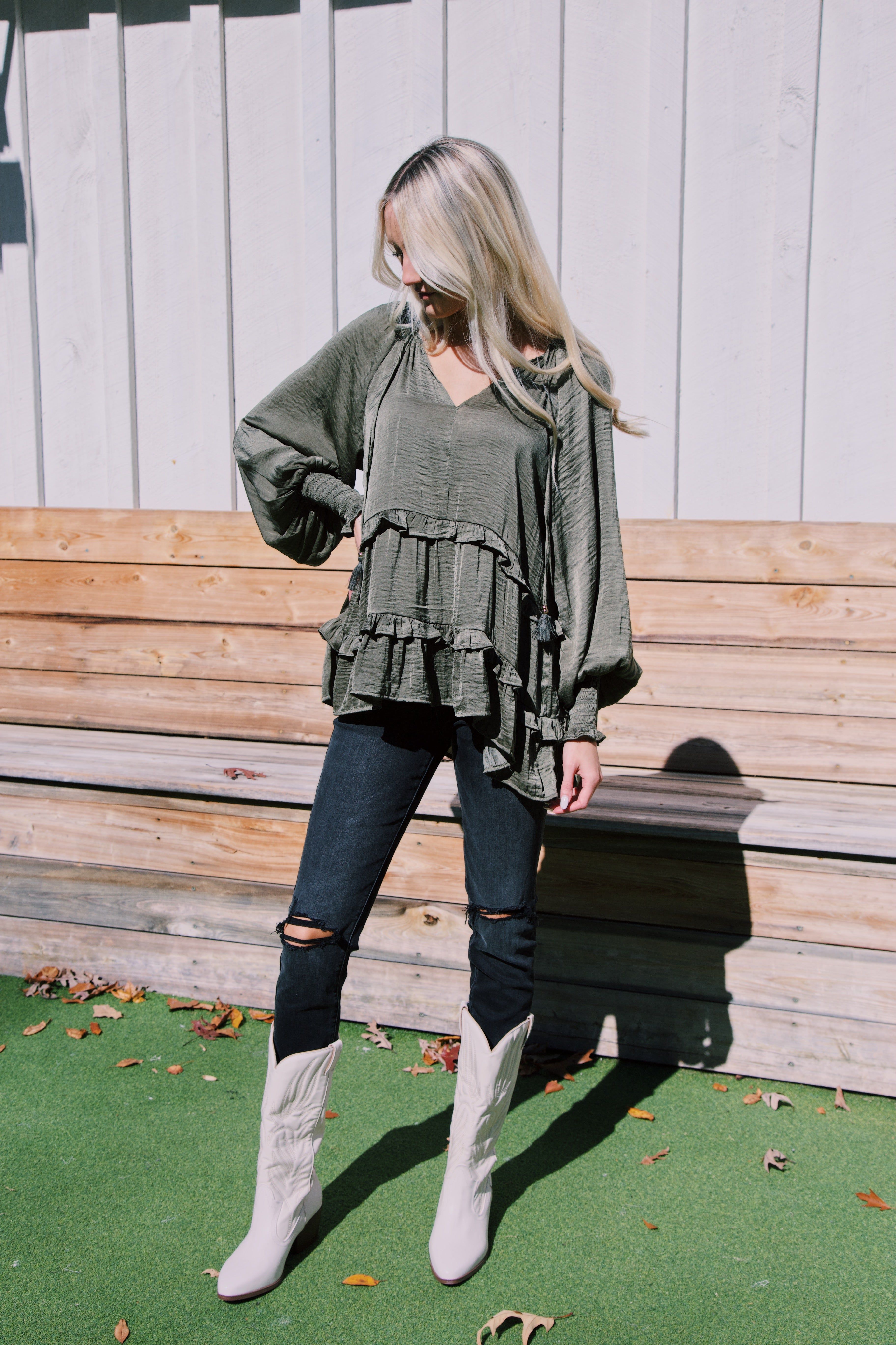 River Ruffled Peasant Blouse, Olive sold by North & Main Clothing Company product image thumbnail 6