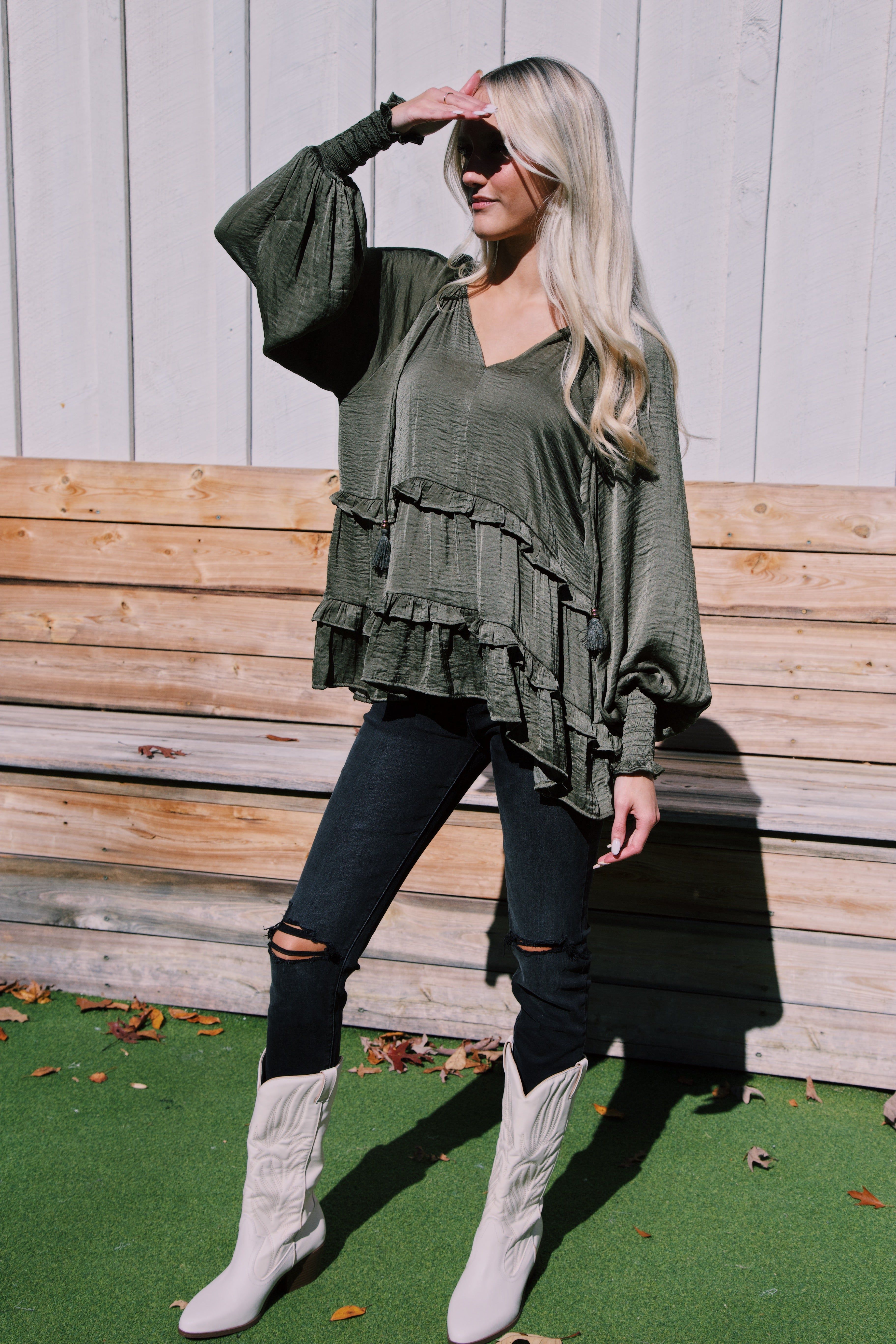 River Ruffled Peasant Blouse, Olive sold by North & Main Clothing Company