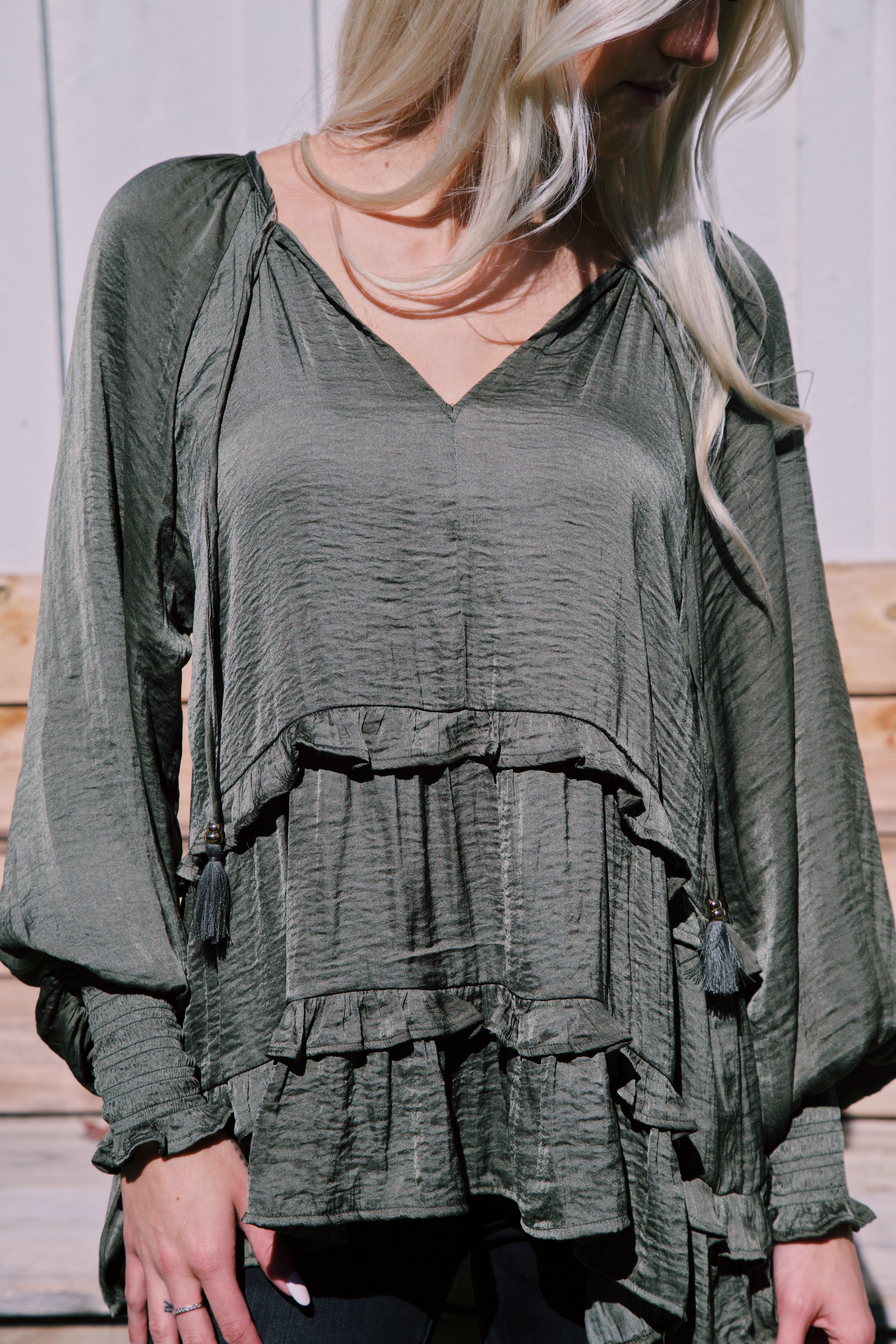 River Ruffled Peasant Blouse, Olive sold by North & Main Clothing Company product image thumbnail 8