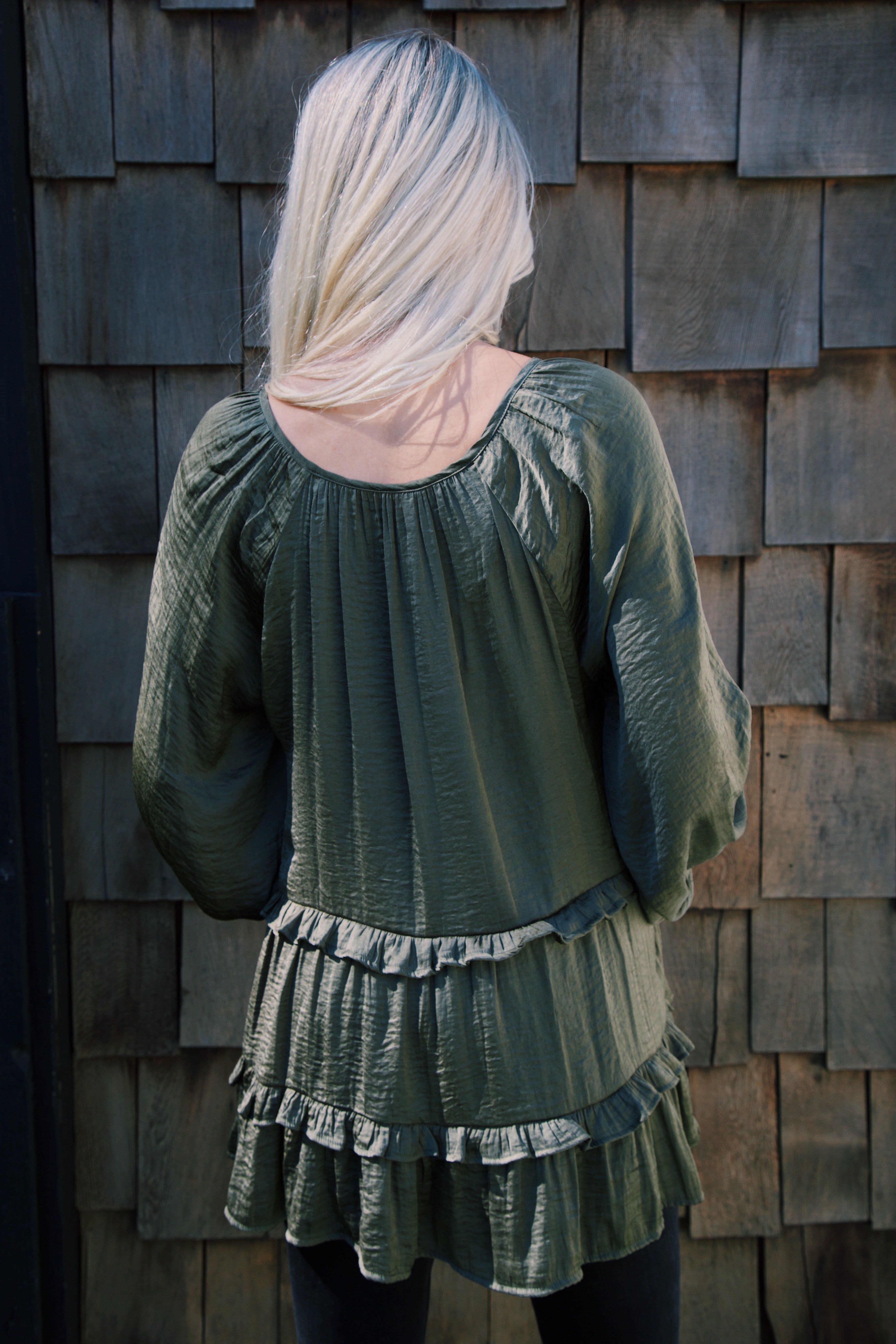 River Ruffled Peasant Blouse, Olive sold by North & Main Clothing Company product image thumbnail 9