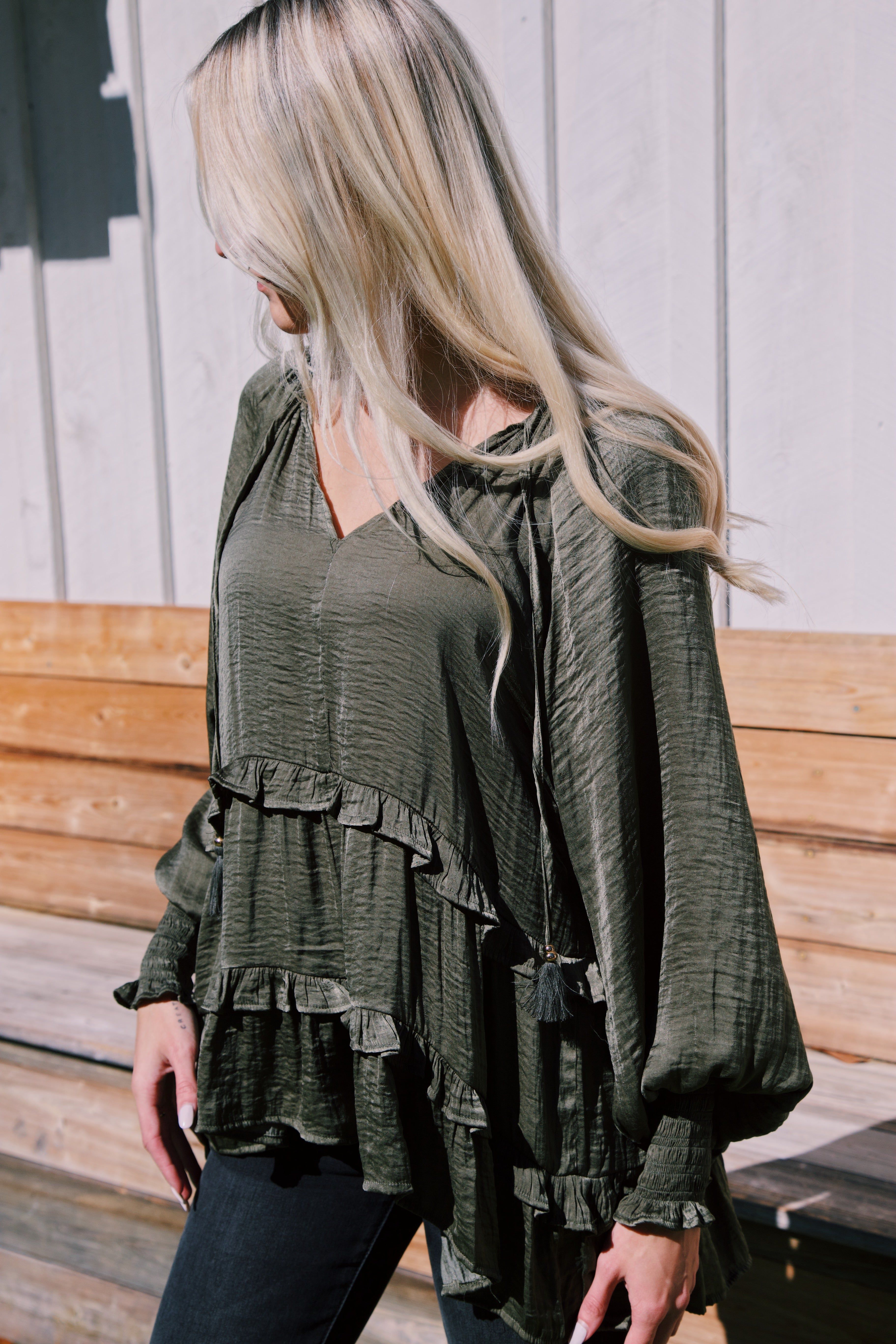 River Ruffled Peasant Blouse, Olive sold by North & Main Clothing Company product image thumbnail 3