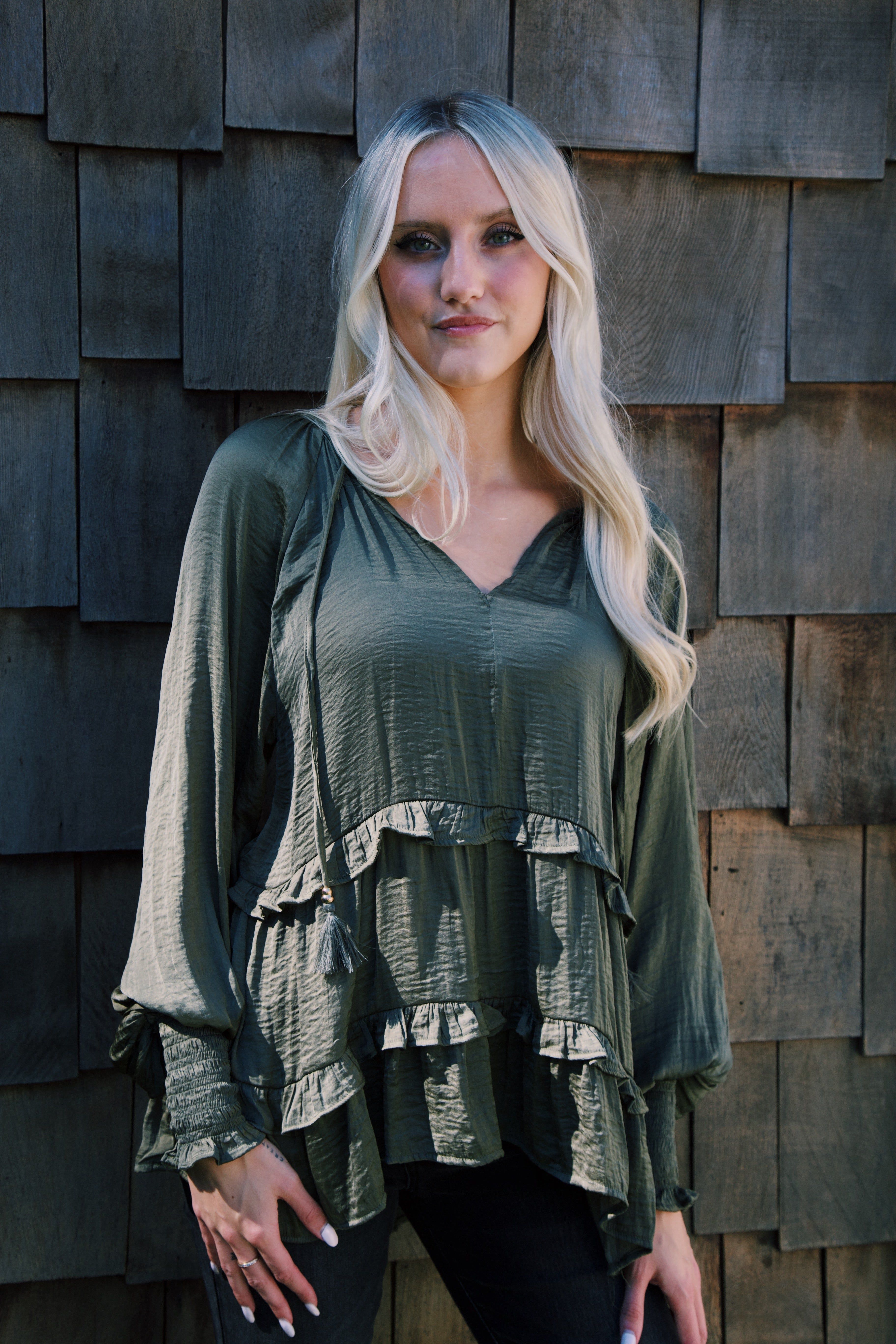 River Ruffled Peasant Blouse, Olive sold by North & Main Clothing Company product image thumbnail 7