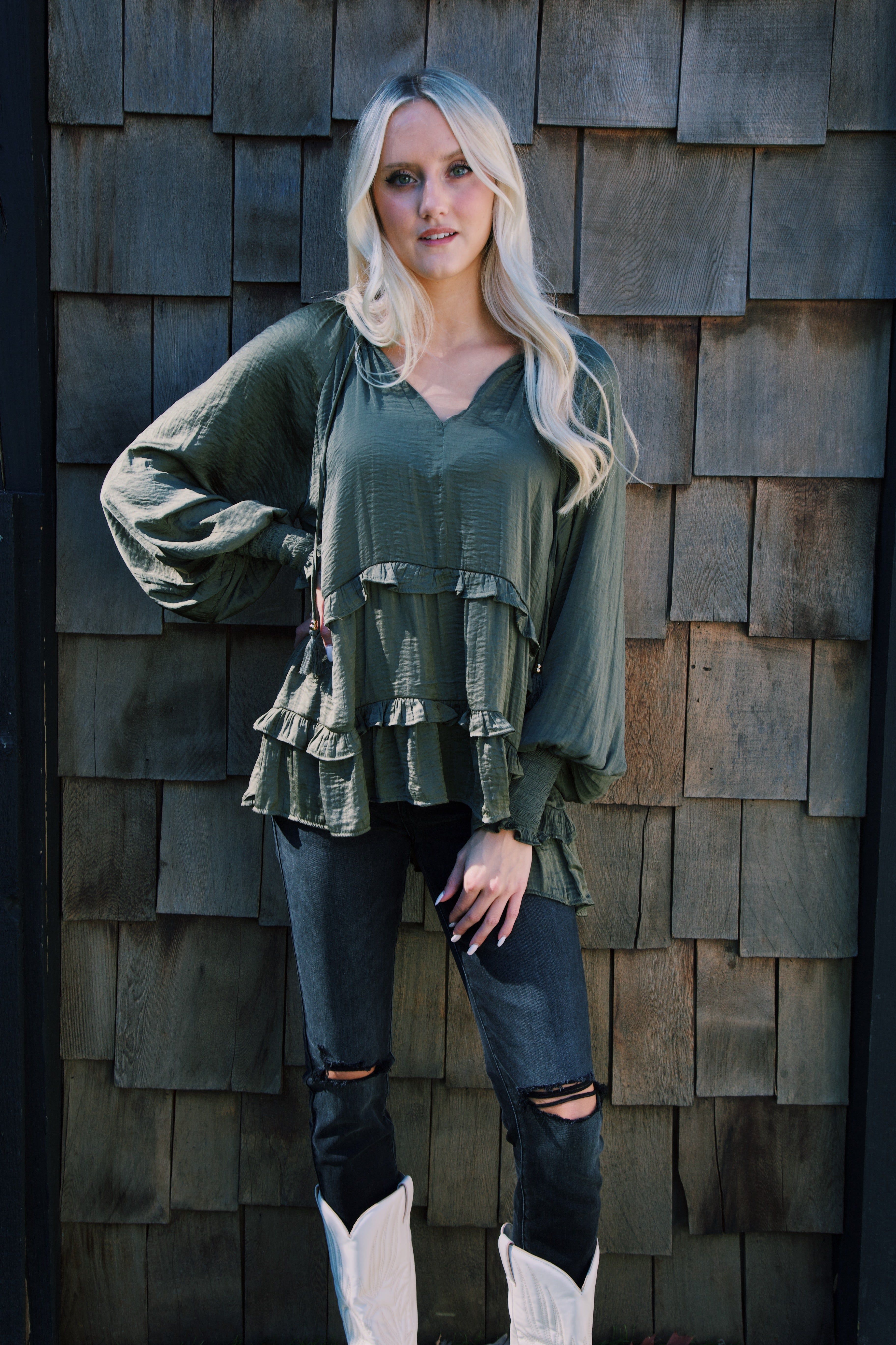 River Ruffled Peasant Blouse, Olive sold by North & Main Clothing Company product image thumbnail 5