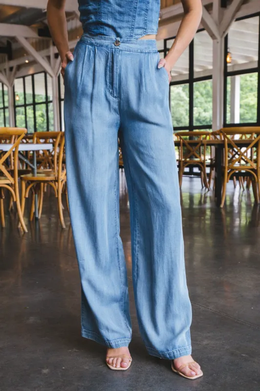 Kylie Pleated Detail Pants, Chambray sold by North & Main Clothing Company