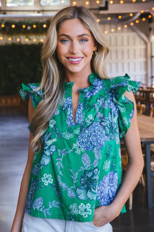 Hallie Ruffle Detail Printed Top, Green Blue sold by North & Main Clothing Company