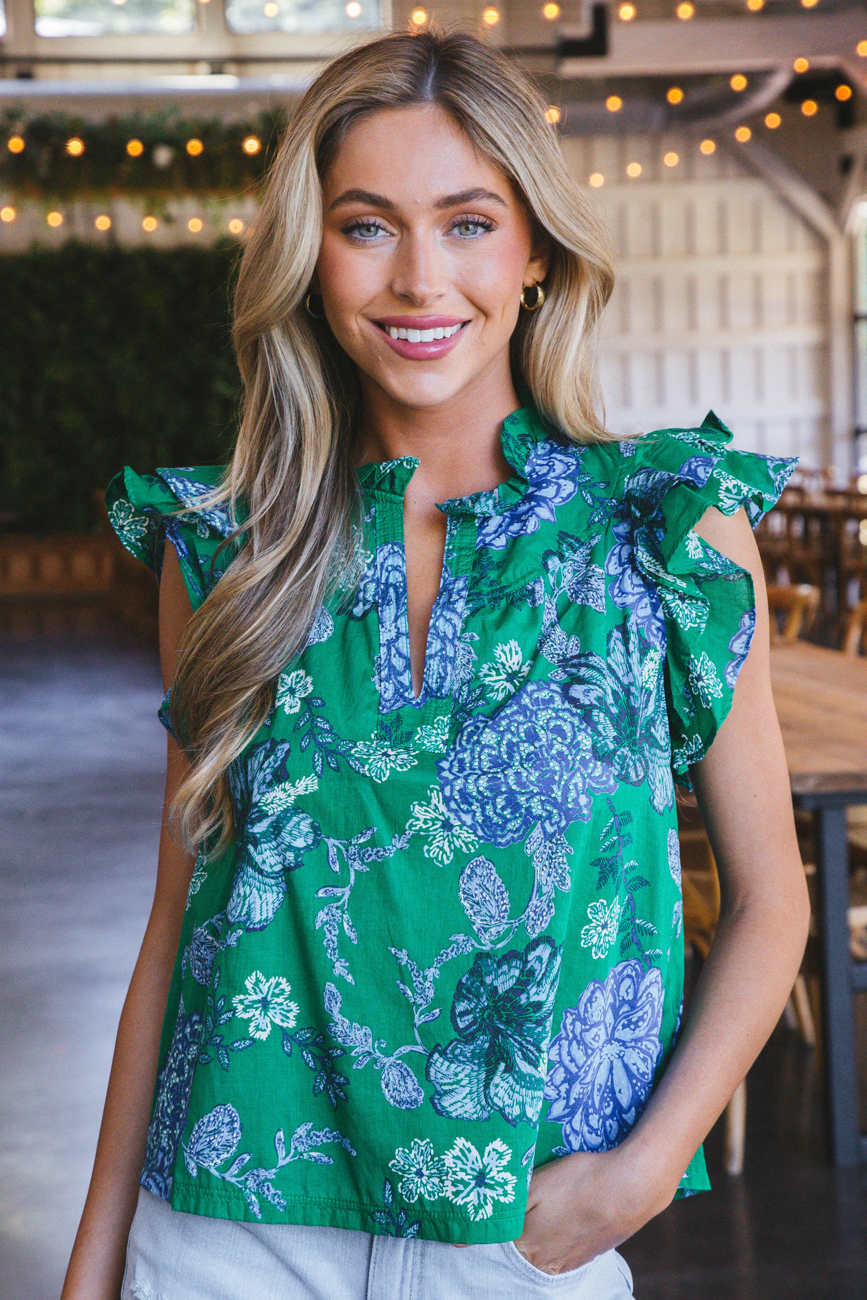 Hallie Ruffle Detail Printed Top, Green Blue sold by North & Main Clothing Company