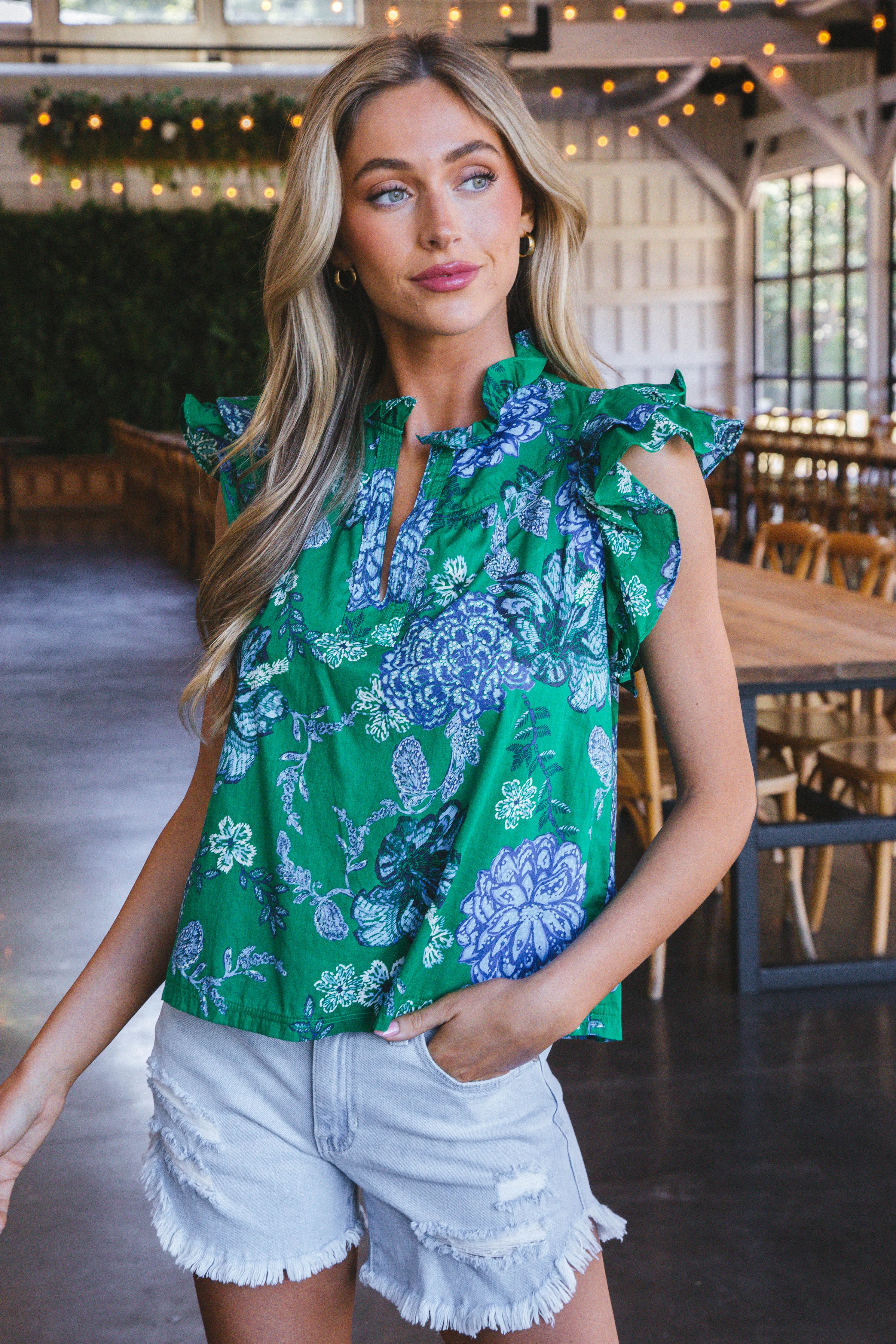Hallie Ruffle Detail Printed Top, Green Blue sold by North & Main Clothing Company product image thumbnail 4