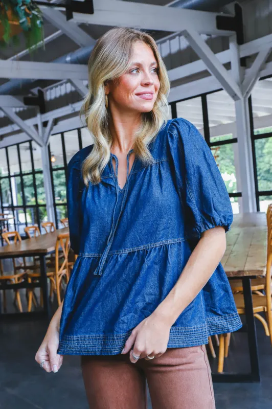 Elyse Denim Tie Neck Top, Dark Denim sold by North & Main Clothing Company