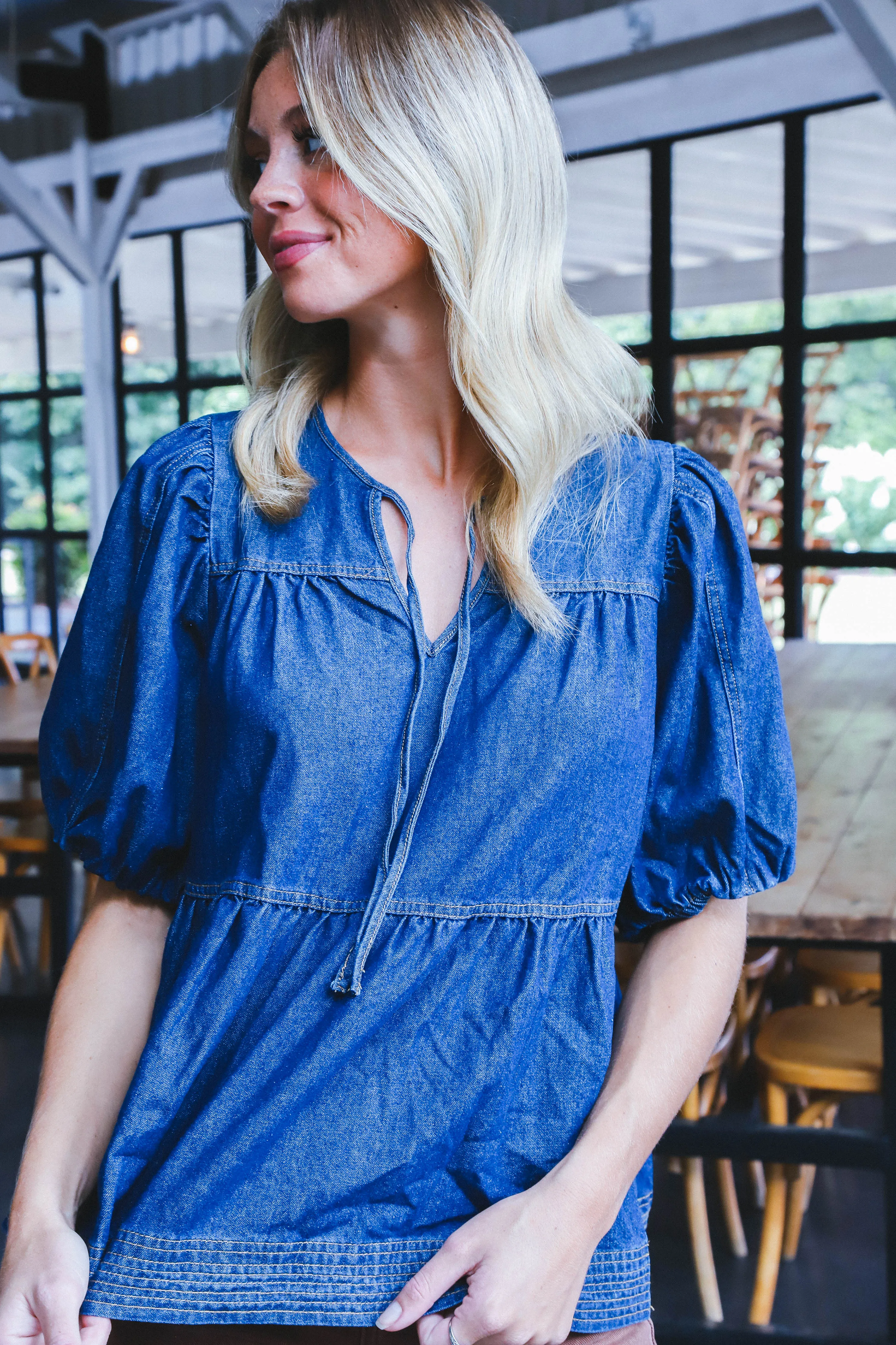 Elyse Denim Tie Neck Top, Dark Denim sold by North & Main Clothing Company product image thumbnail 2