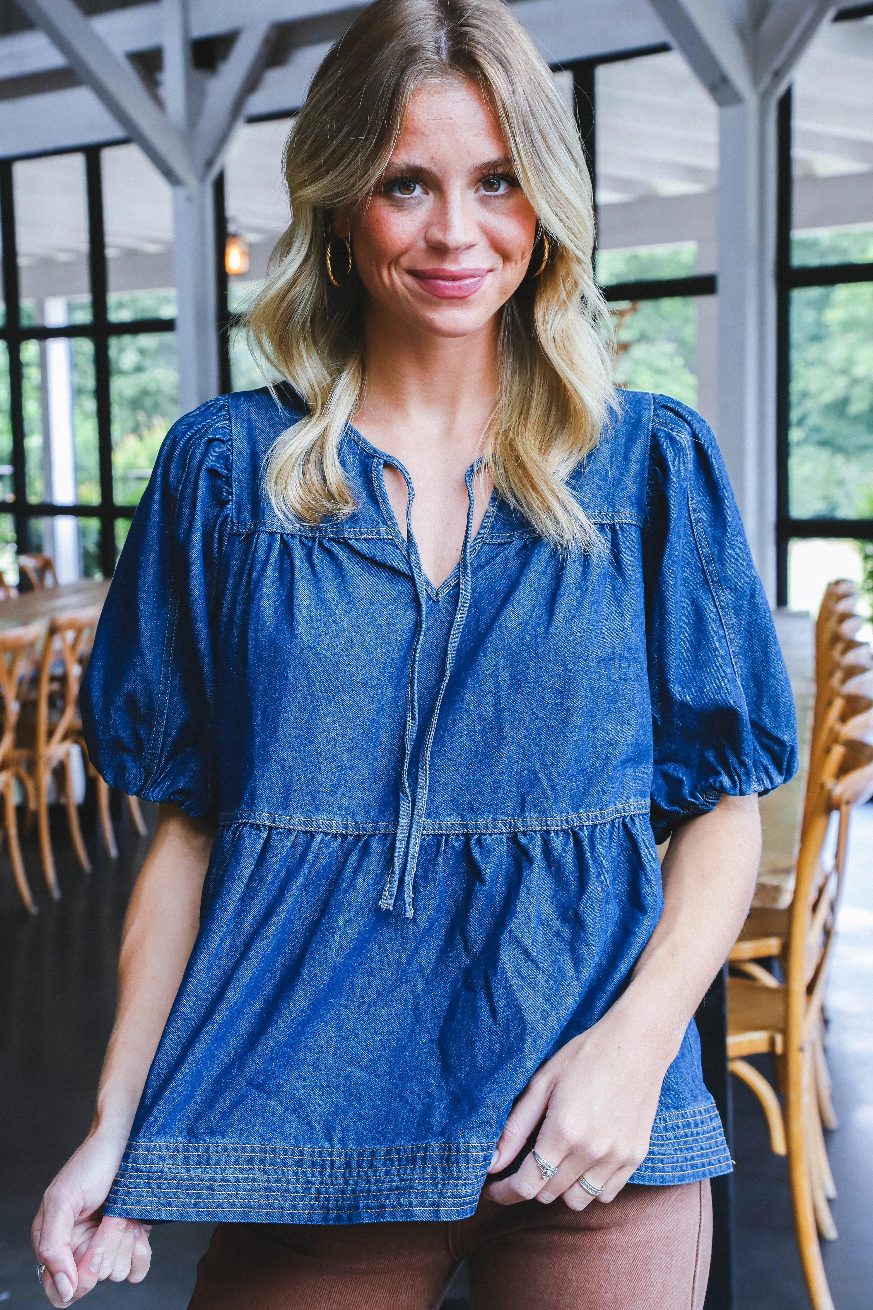 Elyse Denim Tie Neck Top, Dark Denim sold by North & Main Clothing Company product image thumbnail 5