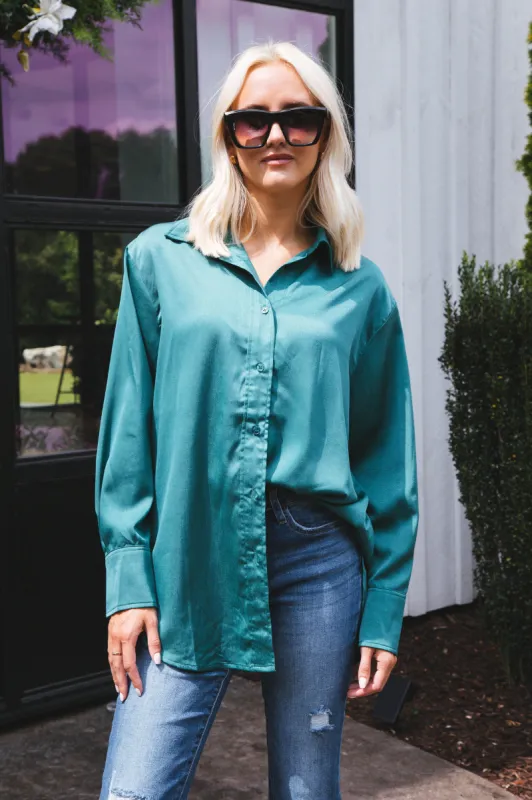 Marlene Satin Button Down Shirt, Green sold by North & Main Clothing Company