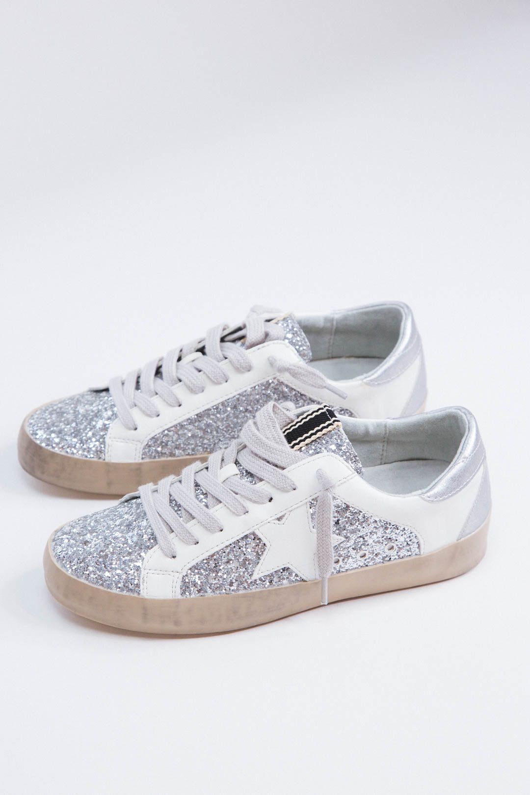 Paris Glitter Detail Lace Up Sneaker, Silver Sparkle | SHUSHOP sold by North & Main Clothing Company