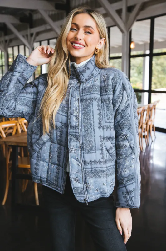 Kassidy Quilted Zip Up Jacket, Grey-Multi sold by North & Main Clothing Company