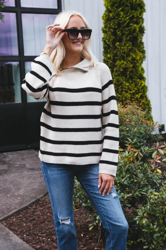 Gibi Mock Neck Striped Sweater, White Beach | RD Style sold by North & Main Clothing Company