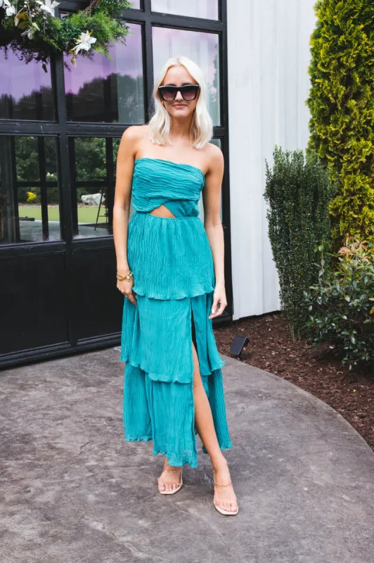 Textured Strapless Dress, Teal sold by North & Main Clothing Company
