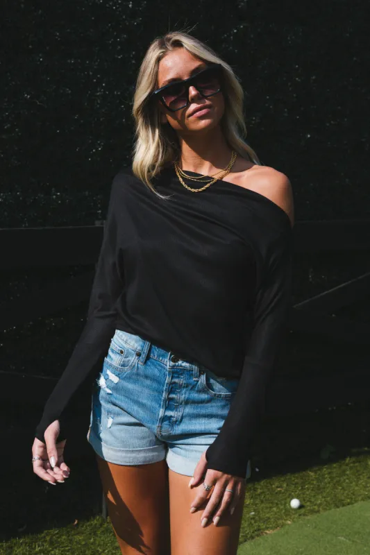 Off the Shoulder Asymmetrical Knit Top, Black sold by North & Main Clothing Company