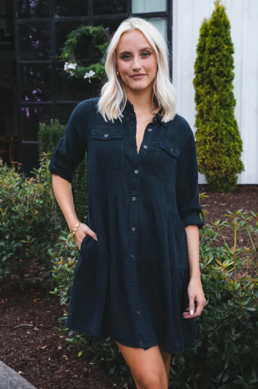 Bree Button Down Tiered Dress, Overdye Indigo | Velvet Heart sold by North & Main Clothing Company