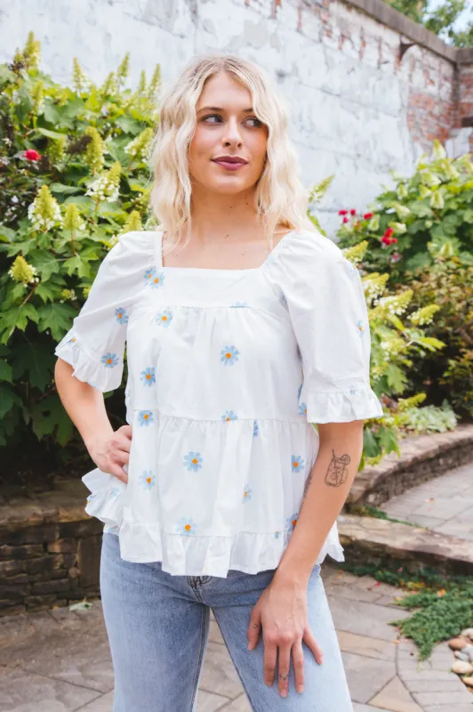 Elise Embroidered Square Neck Top, White/Blue sold by North & Main Clothing Company