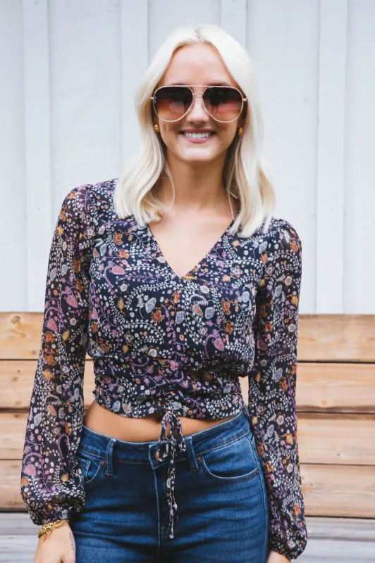 Cece Cropped Blouse, Navy Multi | Sadie & Sage sold by North & Main Clothing Company