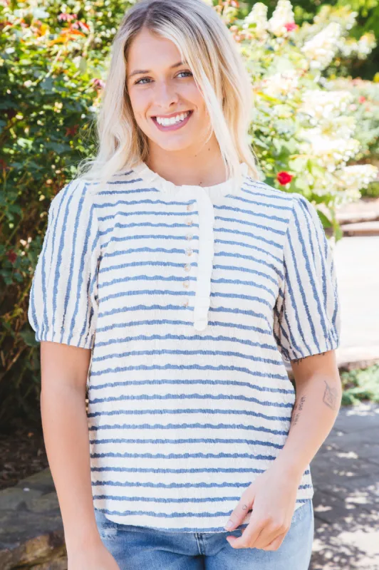 Talia Puff Sleeve Striped Top, Blue sold by North & Main Clothing Company
