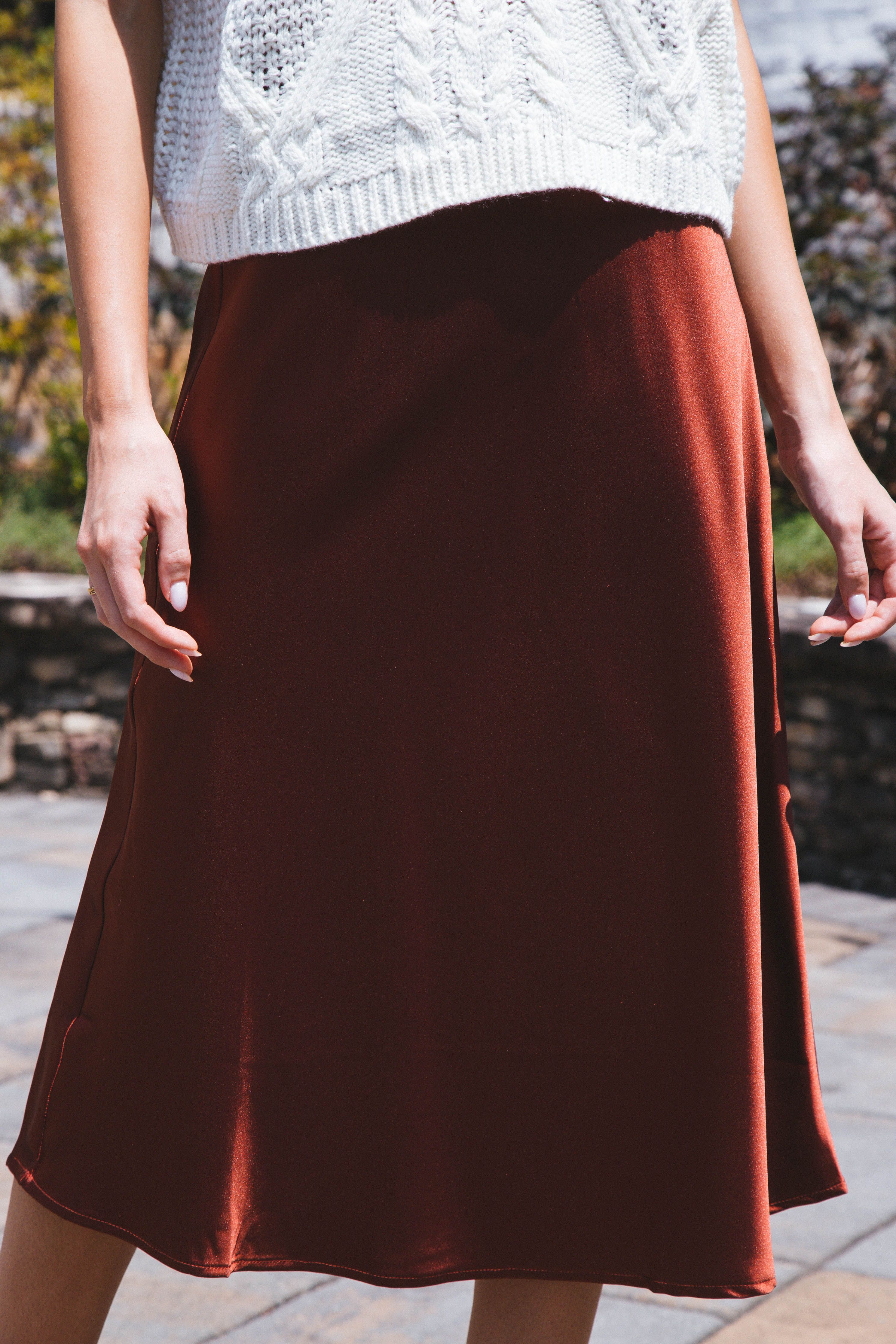 Sabina Satin Midi Skirt, Copper Rose sold by North & Main Clothing Company product image thumbnail 3