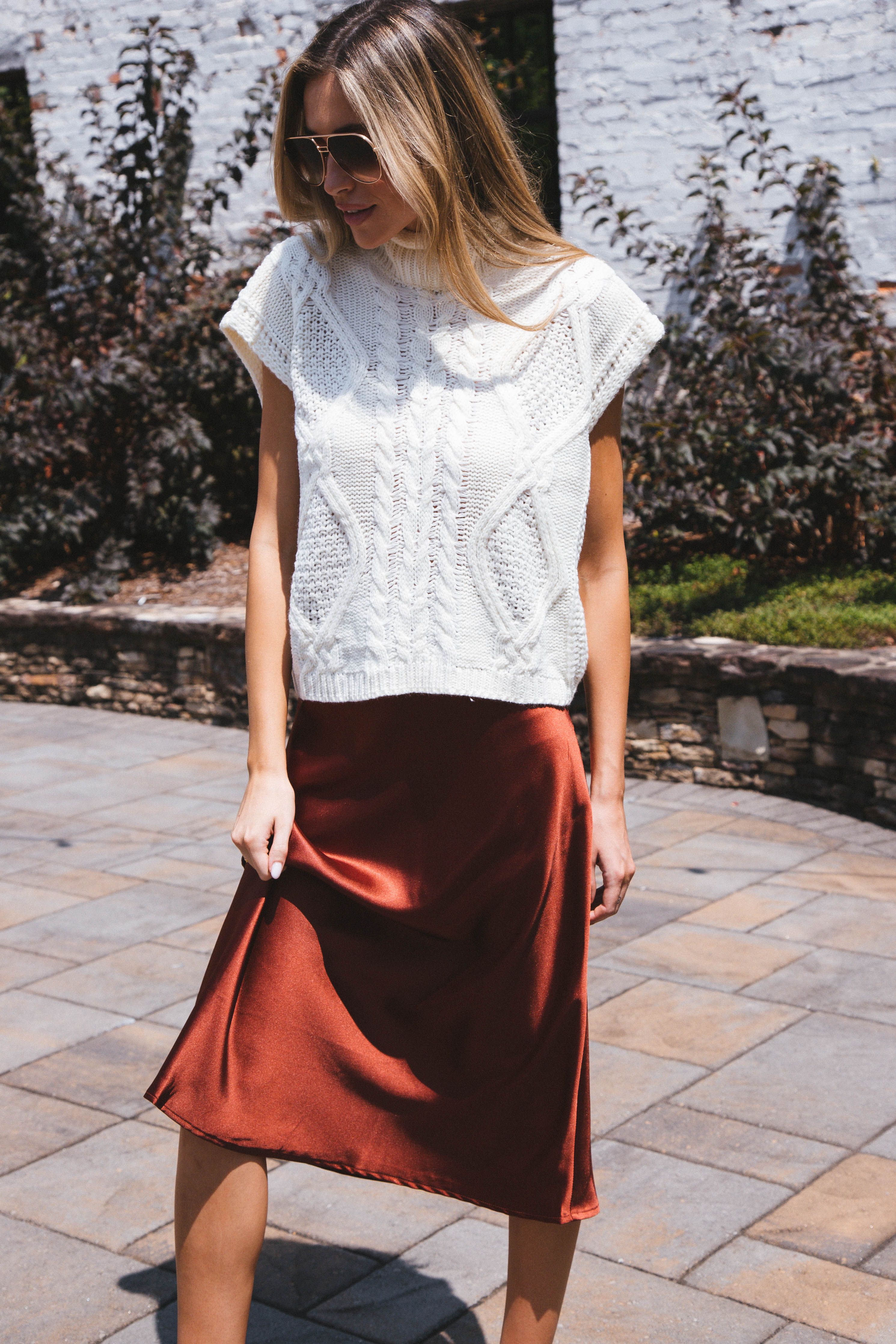 Sabina Satin Midi Skirt, Copper Rose sold by North & Main Clothing Company