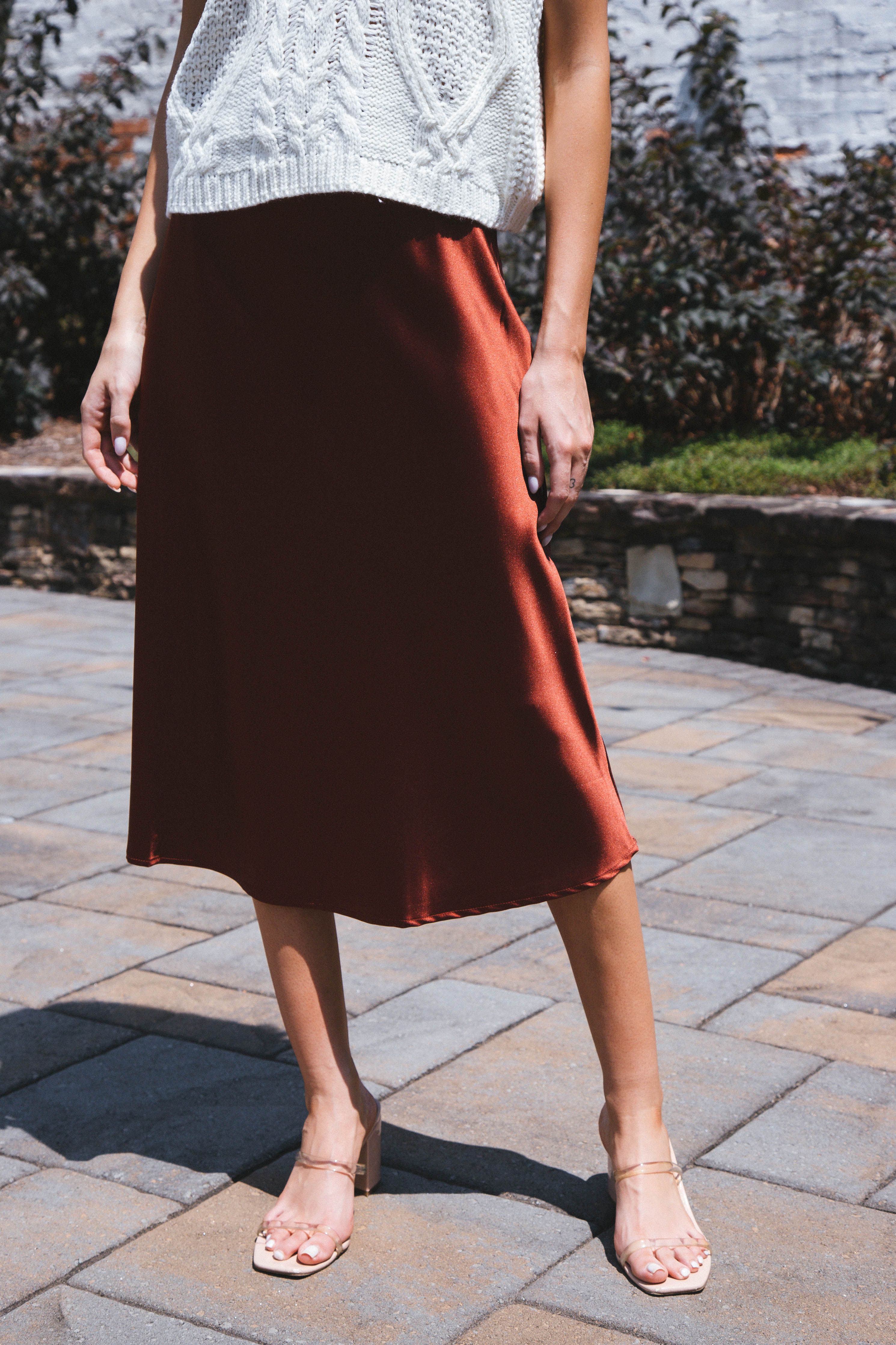 Sabina Satin Midi Skirt, Copper Rose sold by North & Main Clothing Company product image thumbnail 2