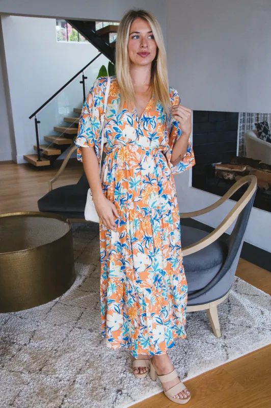 Ximena Floral Maxi Dress, Apricot sold by North & Main Clothing Company