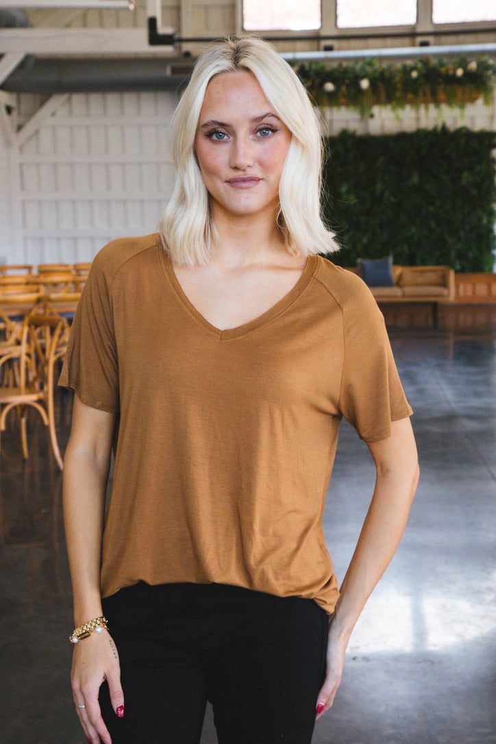Rae Short Sleeve V-Neck Tee, Pale Brown sold by North & Main Clothing Company