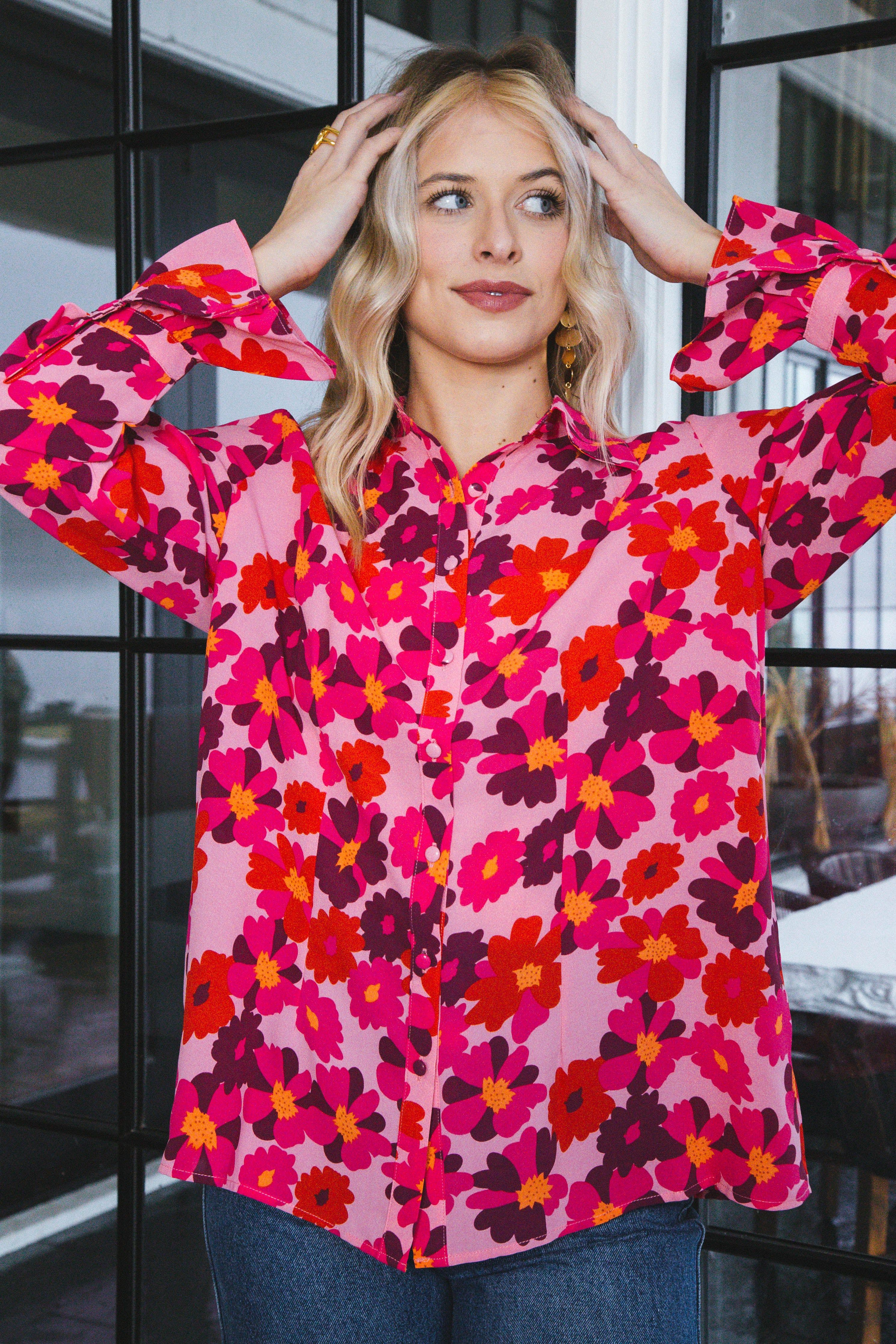 Lara Floral Bell Sleeve Blouse, Hot Pink sold by North & Main Clothing Company product image thumbnail 3