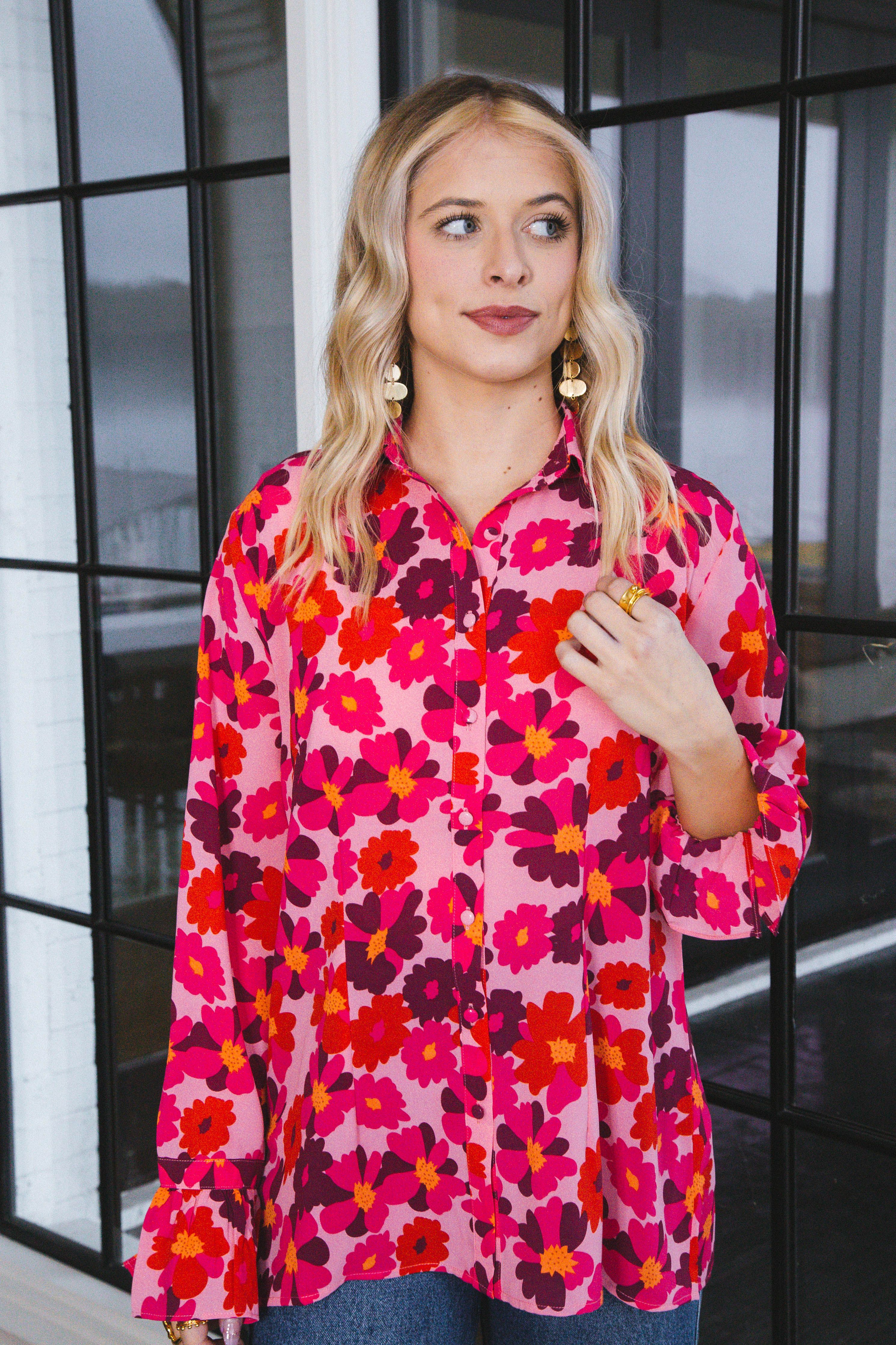 Lara Floral Bell Sleeve Blouse, Hot Pink sold by North & Main Clothing Company