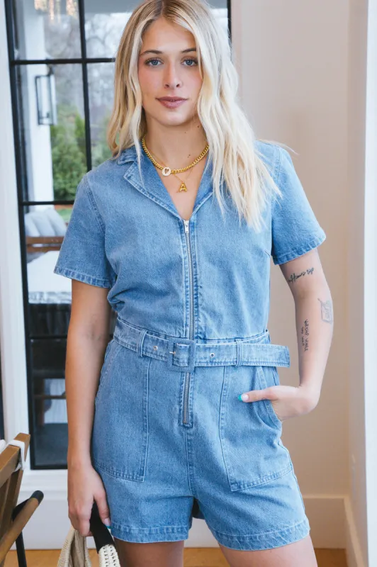 Emerson Zip Up Denim Romper, Denim sold by North & Main Clothing Company