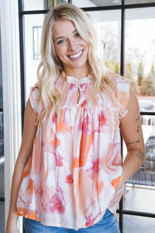 Leanna Flutter Sleeve Top, Peach Multi sold by North & Main Clothing Company