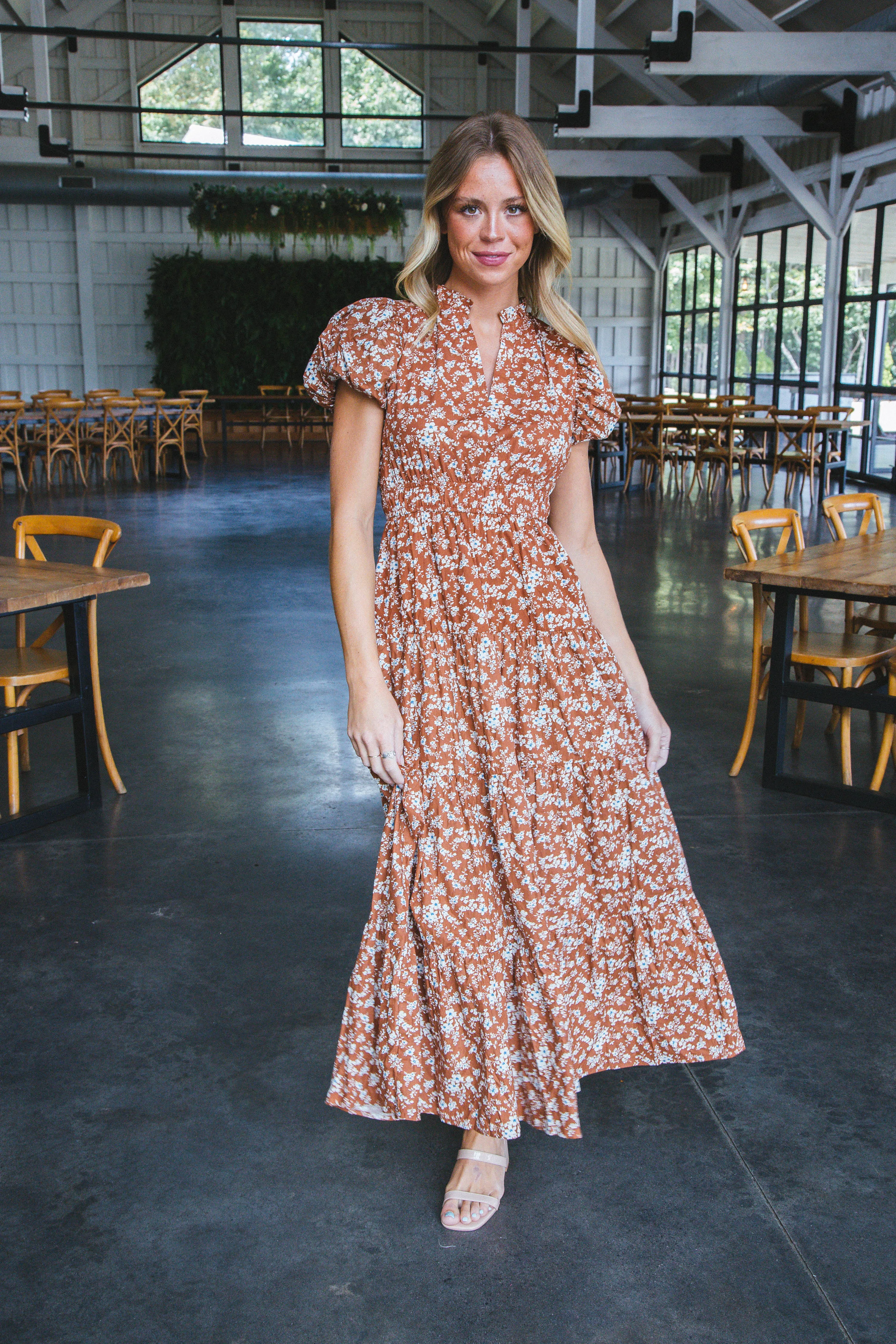 Emelia Puff Sleeve Floral Dress, Chestnut sold by North & Main Clothing Company