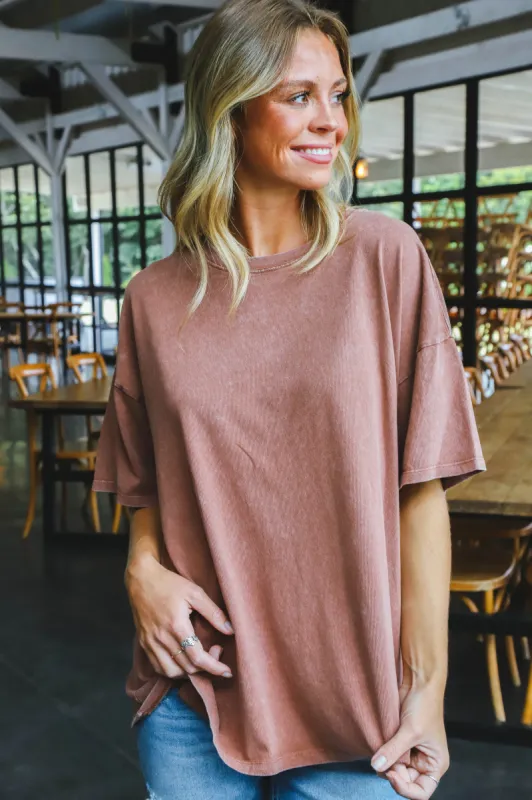 Nylah Distressed Cotton Tee, Chestnut sold by North & Main Clothing Company
