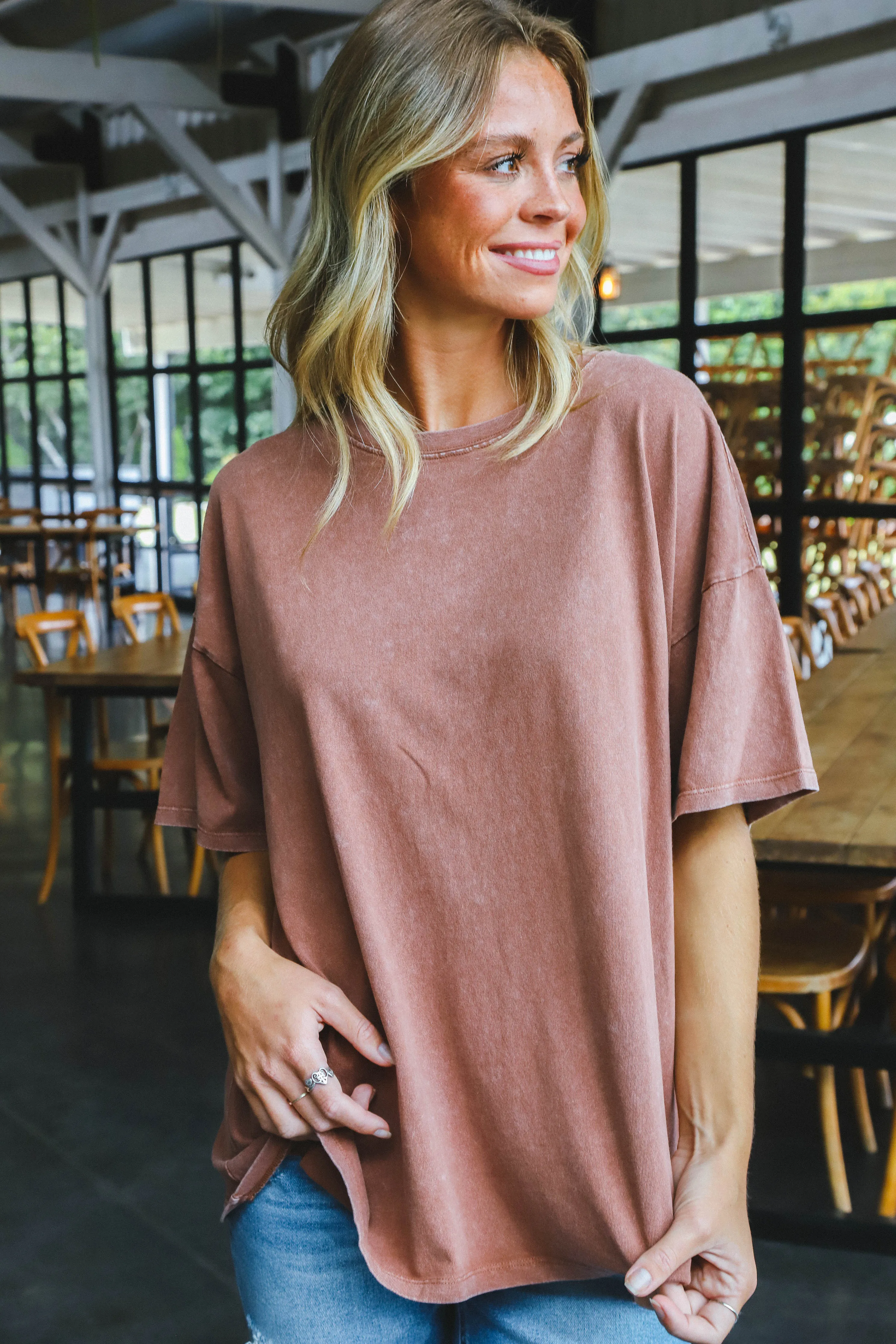 Nylah Distressed Cotton Tee, Chestnut sold by North & Main Clothing Company