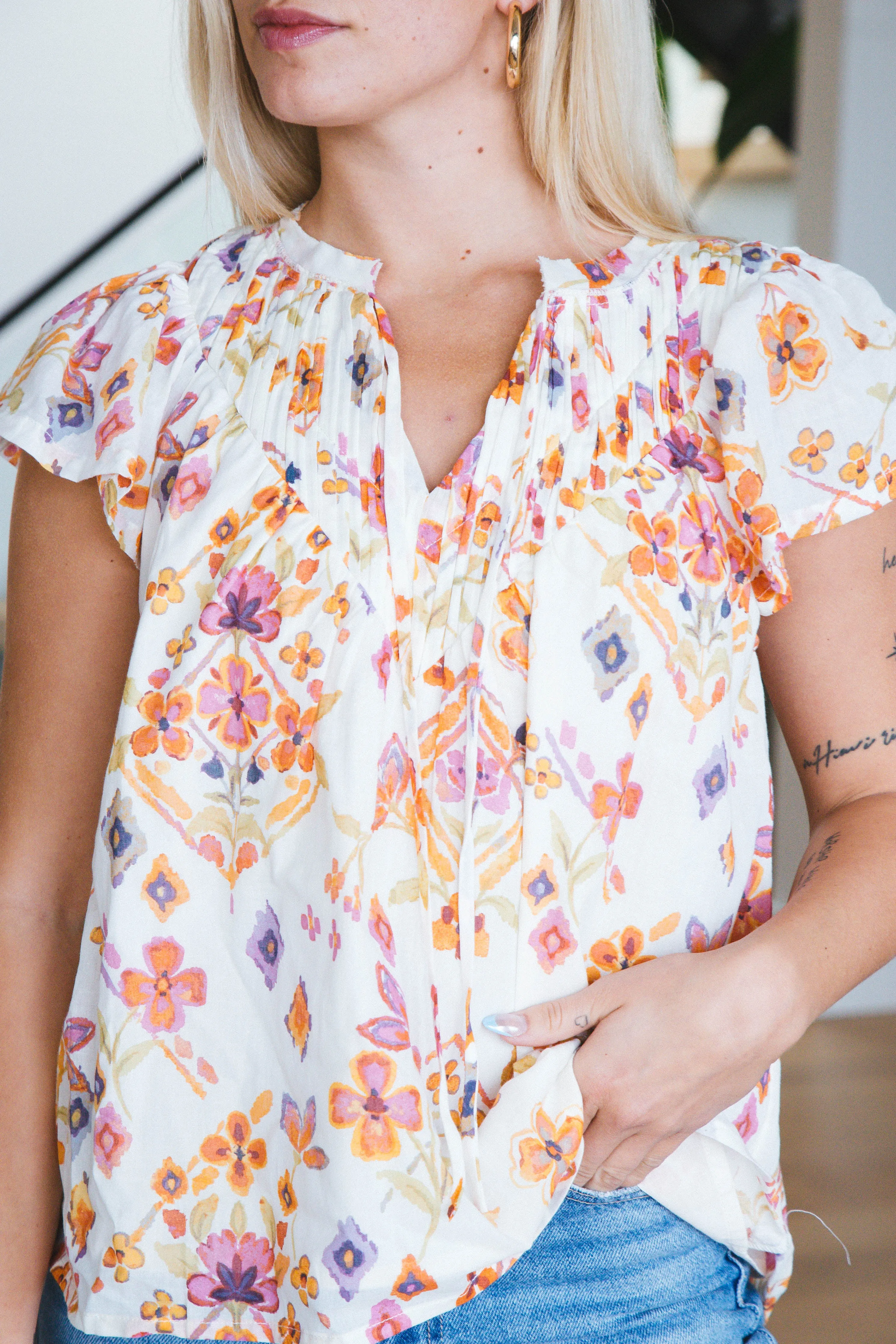 Caroline Pintuck Yoke Tie Neck Top, Cream Multi sold by North & Main Clothing Company product image thumbnail 2