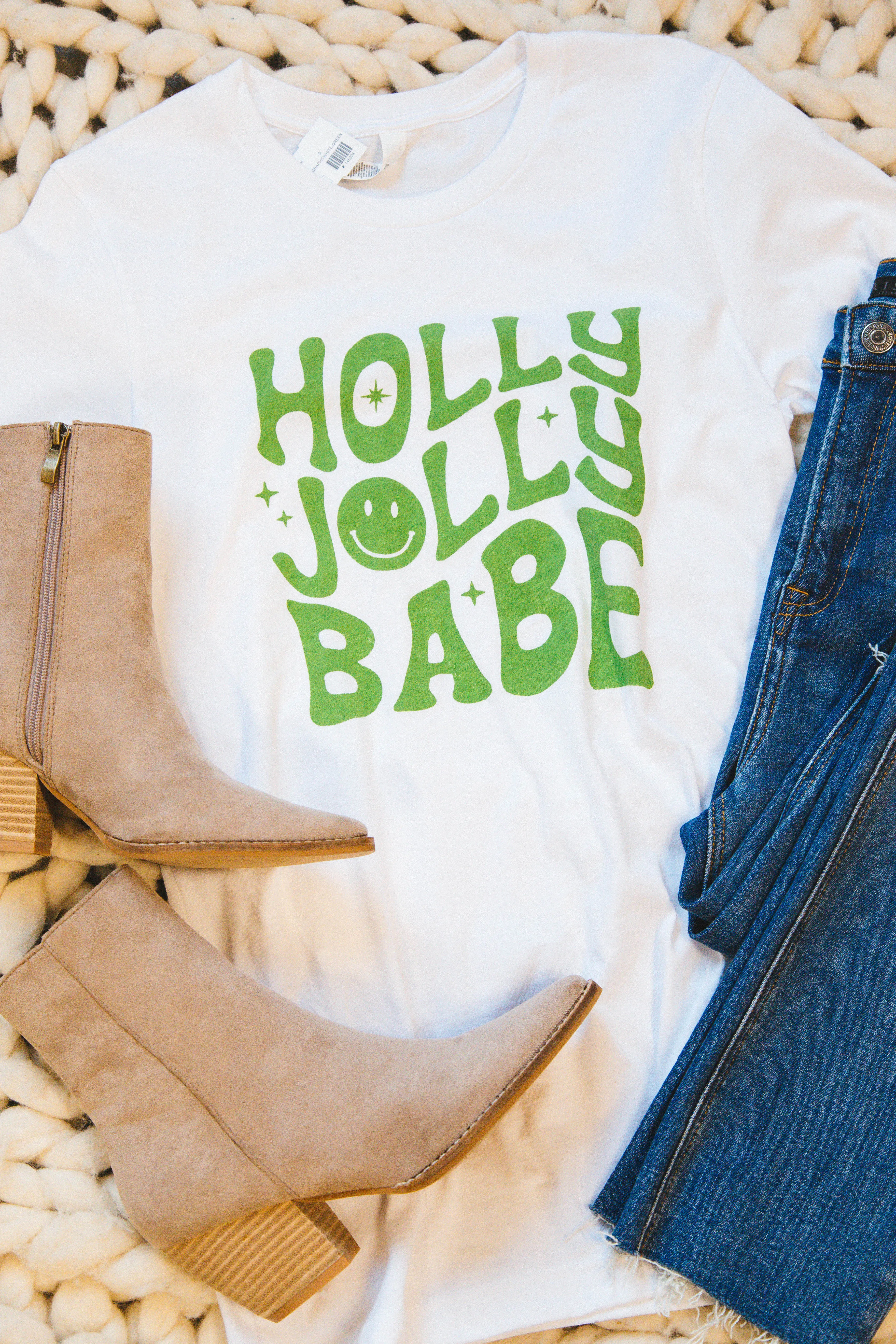 Holly Jolly Babe Graphic Tee, White-Green sold by North & Main Clothing Company